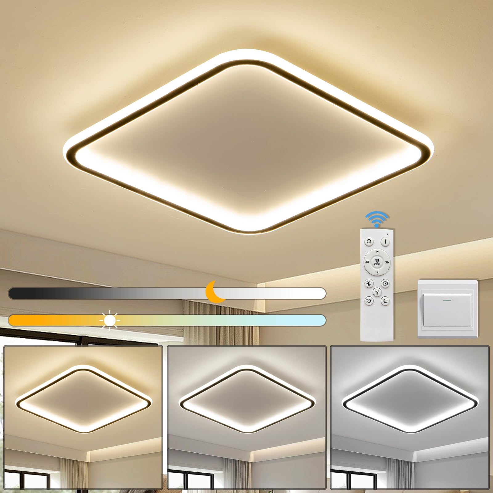 Mikeru 40CM LED Square Ceiling Lighting, 3000K/4500K/6500K Dimmable Ceiling Light Adjustable 3 Color Temperature Black Bathroom Light with Remote for Living Room, Hallway, Stairwells — image 1