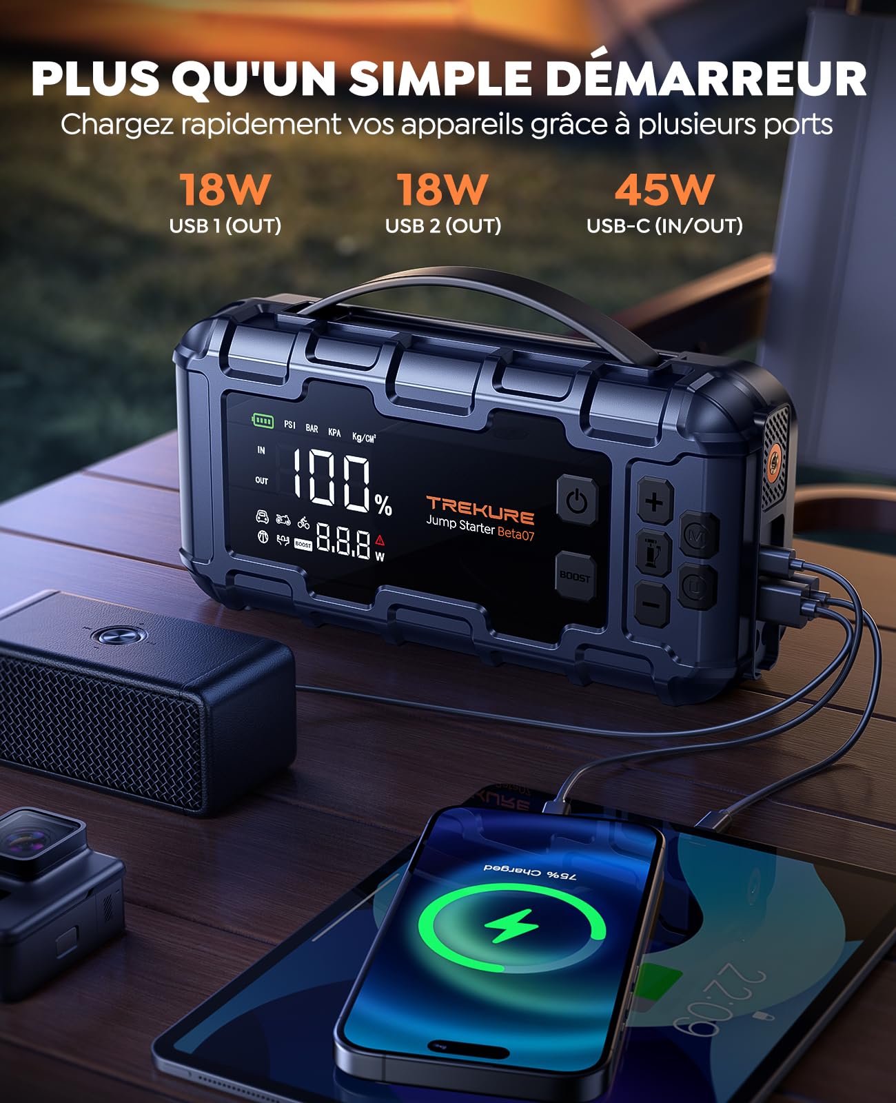 TREKURE 10-in-1 7000A Booster Batterie Voiture avec Gonfleur 160PSI, 26800mAh Démarreur Batterie avec 45W Charge Rapide, 600LM LED, Grand Écran, 12V Booster Voiture Puissant(Tous Gaz ou 12L Diesel)