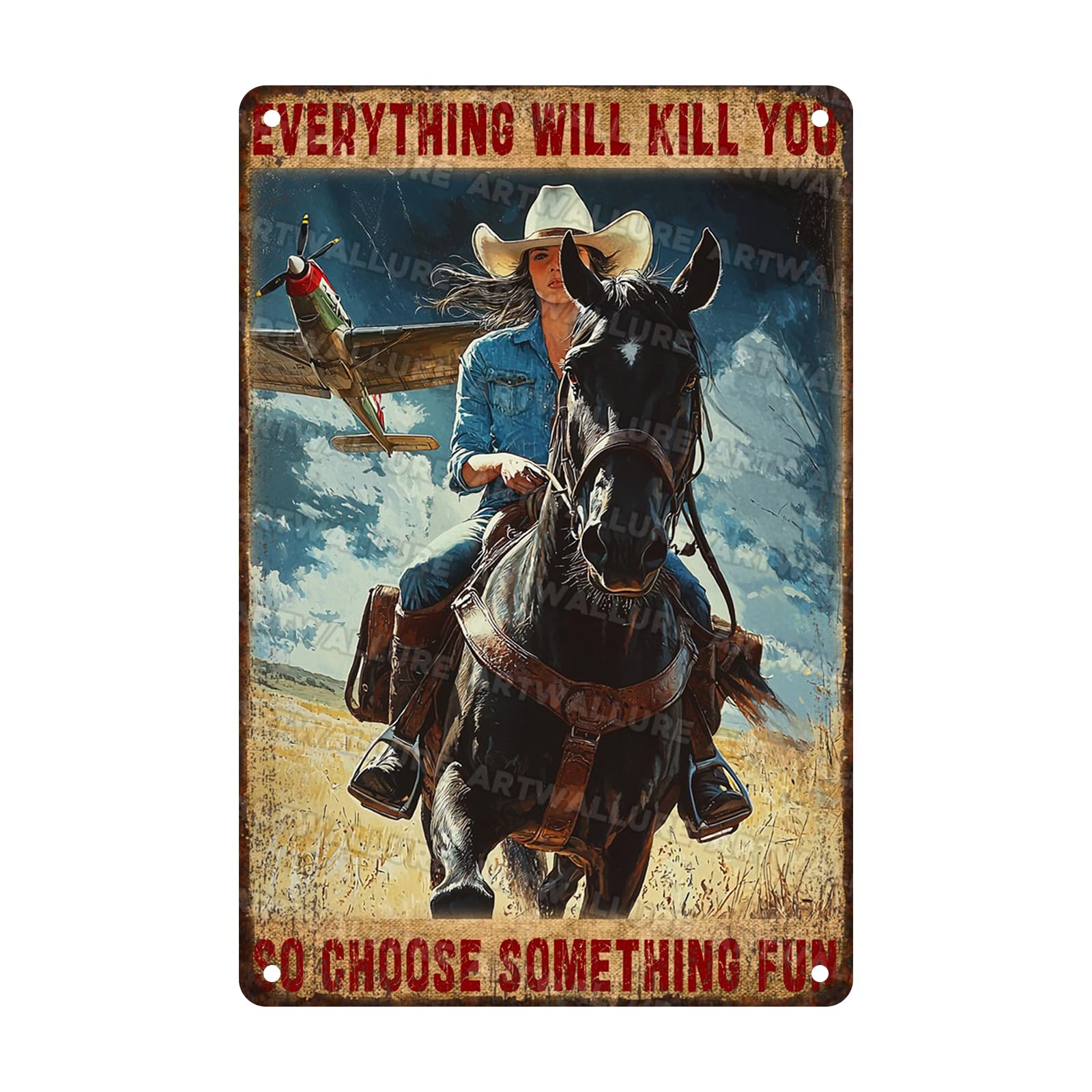 Fun Cowgirl Horse Vintage Metal Tin Sign Rustic Wall Art Retro Western Theme Iron Painting Decor For Ranch Kitchen Bar Cafe Game Room 8x12inch
