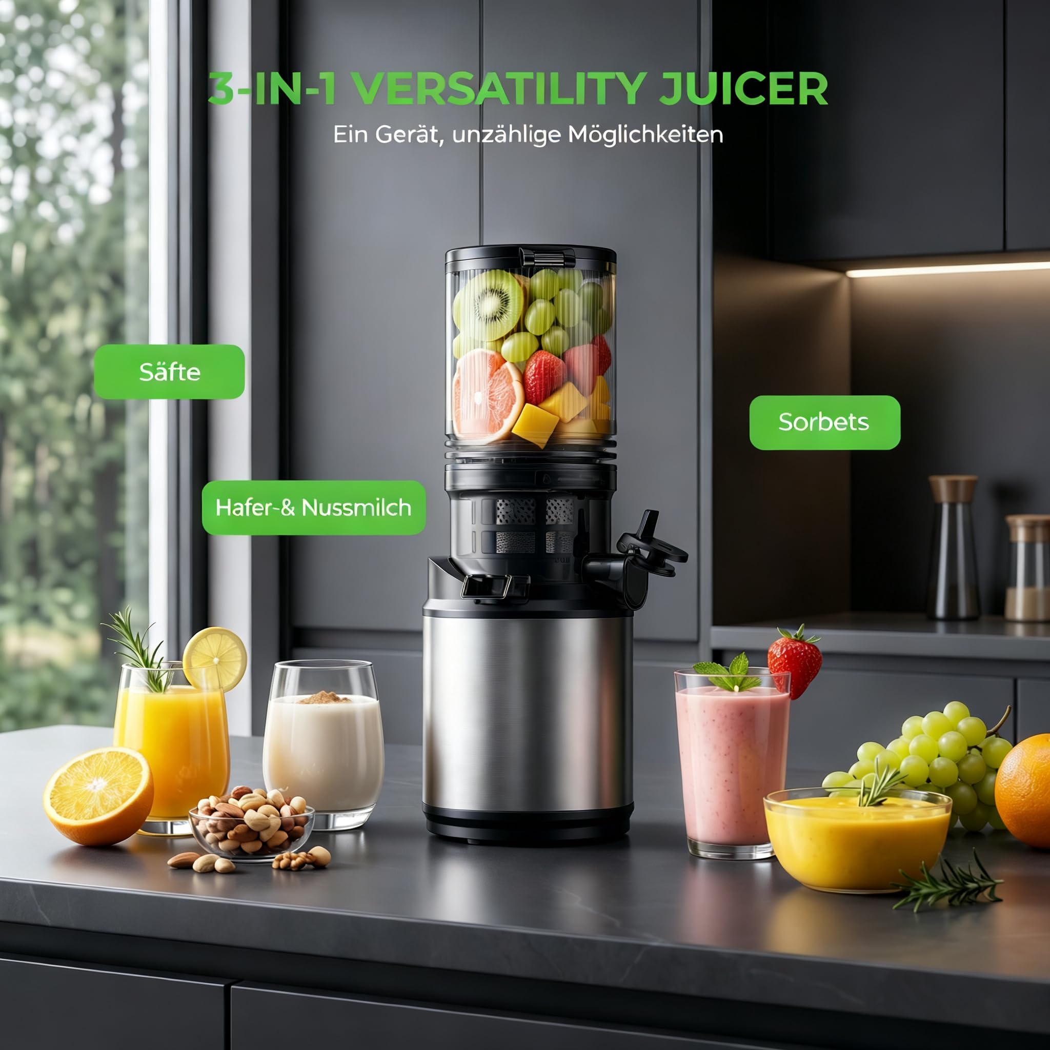 Entsafter Saftpresse mit 130mm Breiter Einfüllschacht 250W Kaltpress Entsafter für Ganze Früchte & Gemüse 2L Slow Juicer mit 2 Gläsern Leicht zu Reinigender BPA-frei Hohe Saftausbeute Entsafter