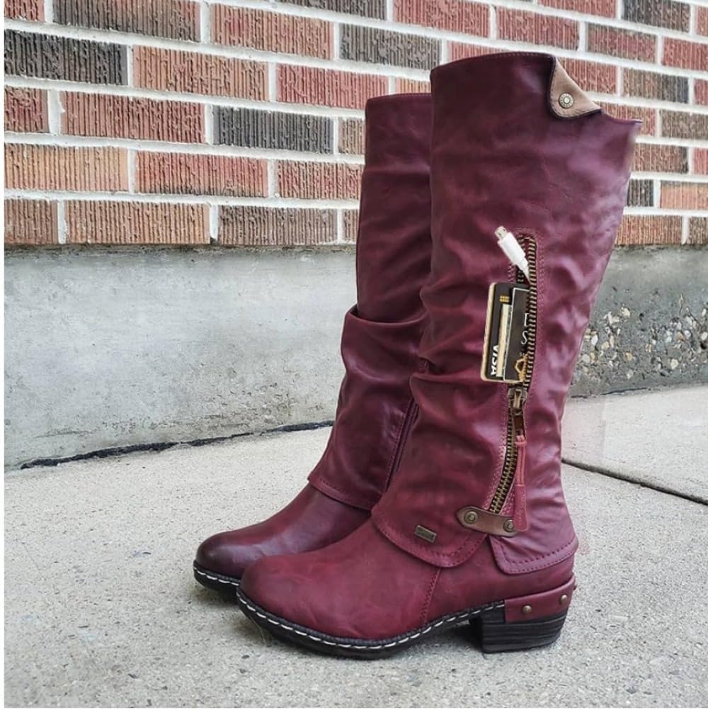 Cowgirl Boots Rave Shoes with Steal-proof Pocket for Women Girls Ravers - Wide Mid Calf Western Cowboy Boot with Platform Low Heel, Cute Retro Pointed Toe Comfort Wear Shoes EDM Festival Outfit