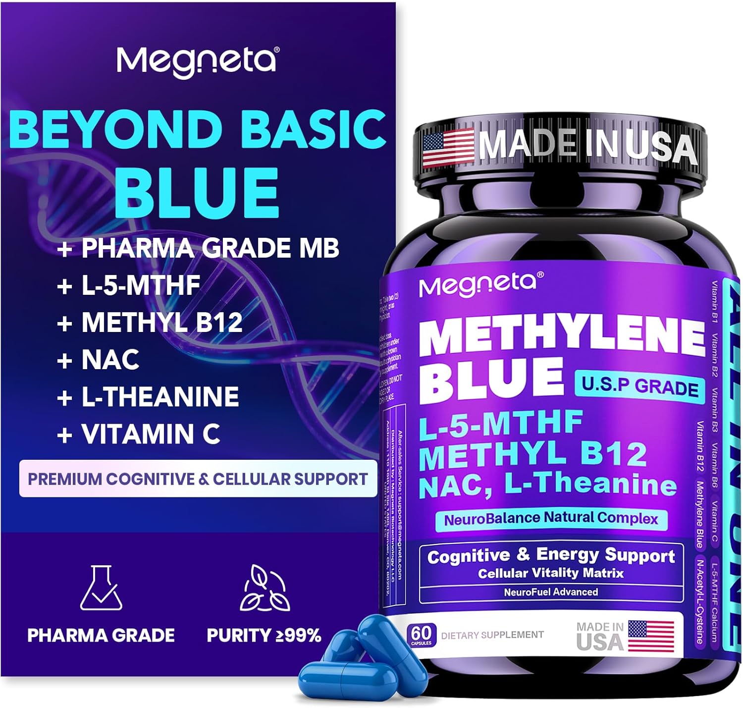 Methylene Blue 15mg Capsules (Max Strength) for Humans with NAC 600mg, L-5-MTHF 400mcg, L-Theanine& Methyl B12 – Pharmaceutical Grade Formula for Cellular Energy, Antioxidant & Mental Clarity Support