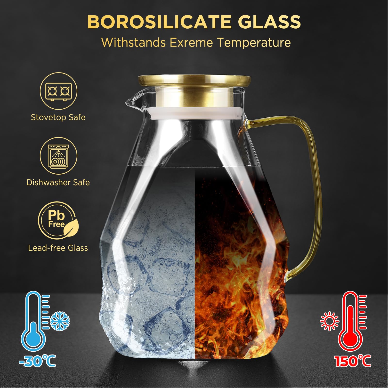 ecooe Glaskaraffe 1.8L Wasserkaraffe für Kühlschranktür, Karaffe Glas mit Edelstahl Deckel, Kühlschrankkrug Wasserkrug Glaskrug für Heißes/Kaltes Wasser, DIY Getränke, Eistee, Saft, Milch,Tee, Kaffee