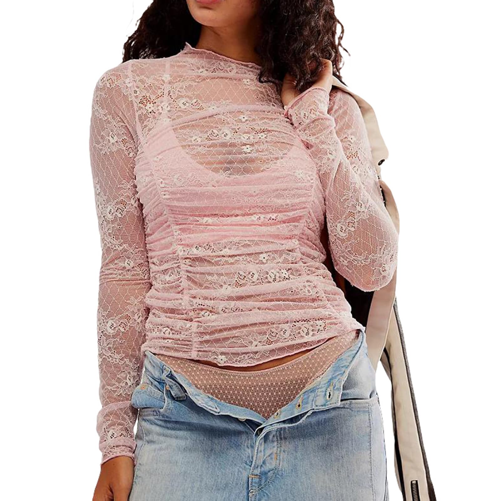 トップス Dot lace see-through top (high neck) Women's Lace Mesh Tops Long Sleeve Dots Sheer Blouse Sexy
