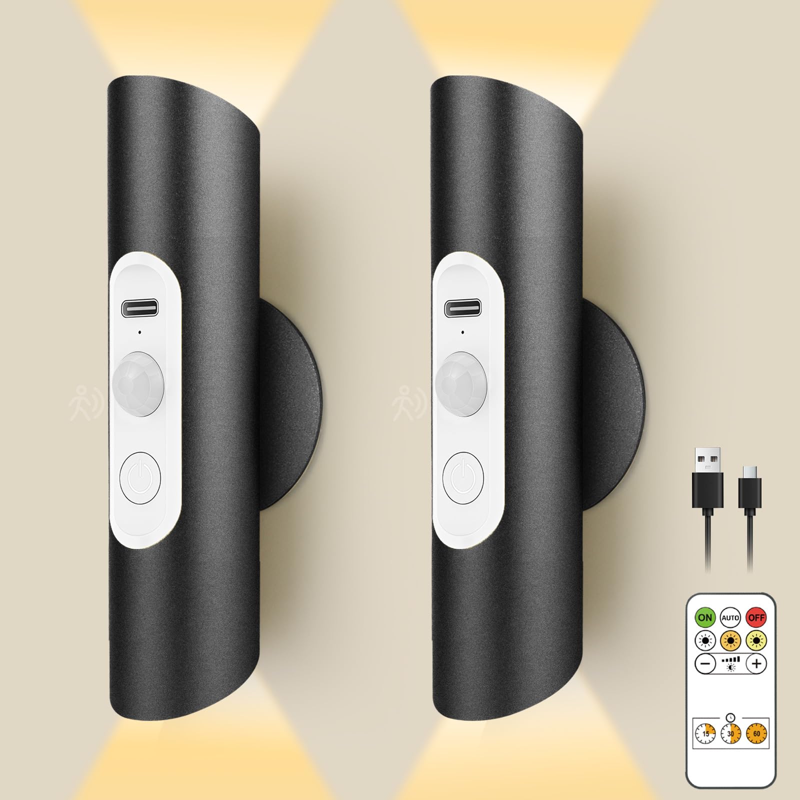 Lacasa Magnetic Motion Sensor Wall Lights Set of 2, Rechargeable Battery Operated Wireless LED Wall Sconces with Remote Control, Dimmable 3 Colour Modes for Bedroom, Hallway, Stairs, Black