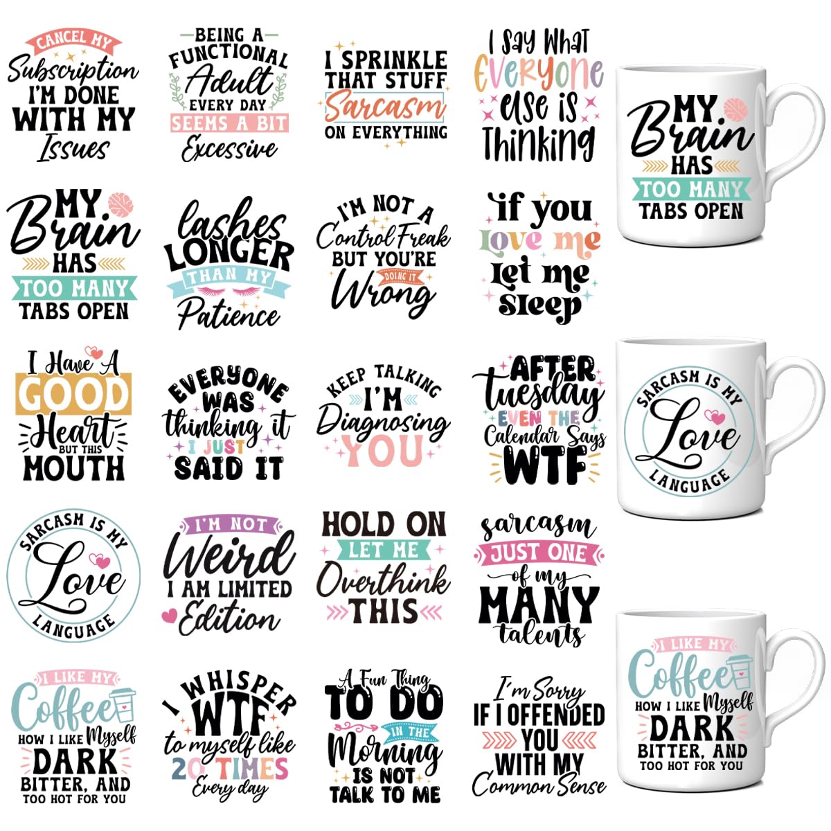 UV DTF Cup Wrap Transfer - 20 Pcs Sarcastic Quotes UV DTF Cup Wrap for 16 oz Glass, Water Bottles Coffee Mugs Glass Cups Transfers, Skeleton Funny Humorous Uvdtf Decals Crafts Stickers