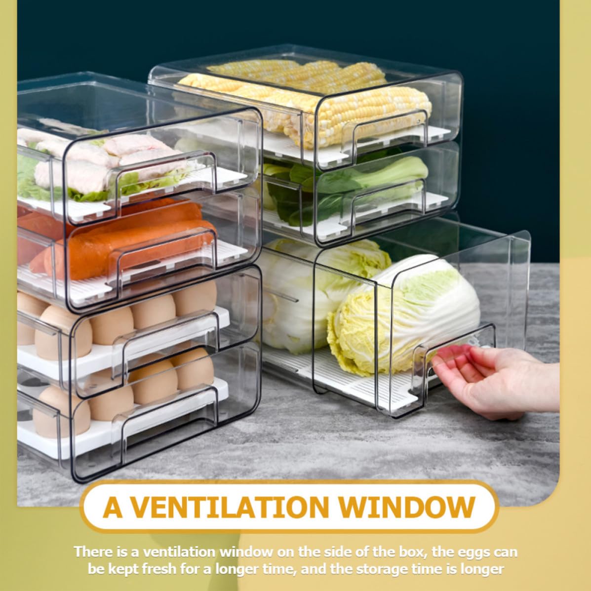 Contenedor de Huevos para Refrigerador Doble Capa 32 Compartimentos | Pet Transparente, Cajón Extraíble y Ventana de Ventilación, Organizador Huevos Frigorifico