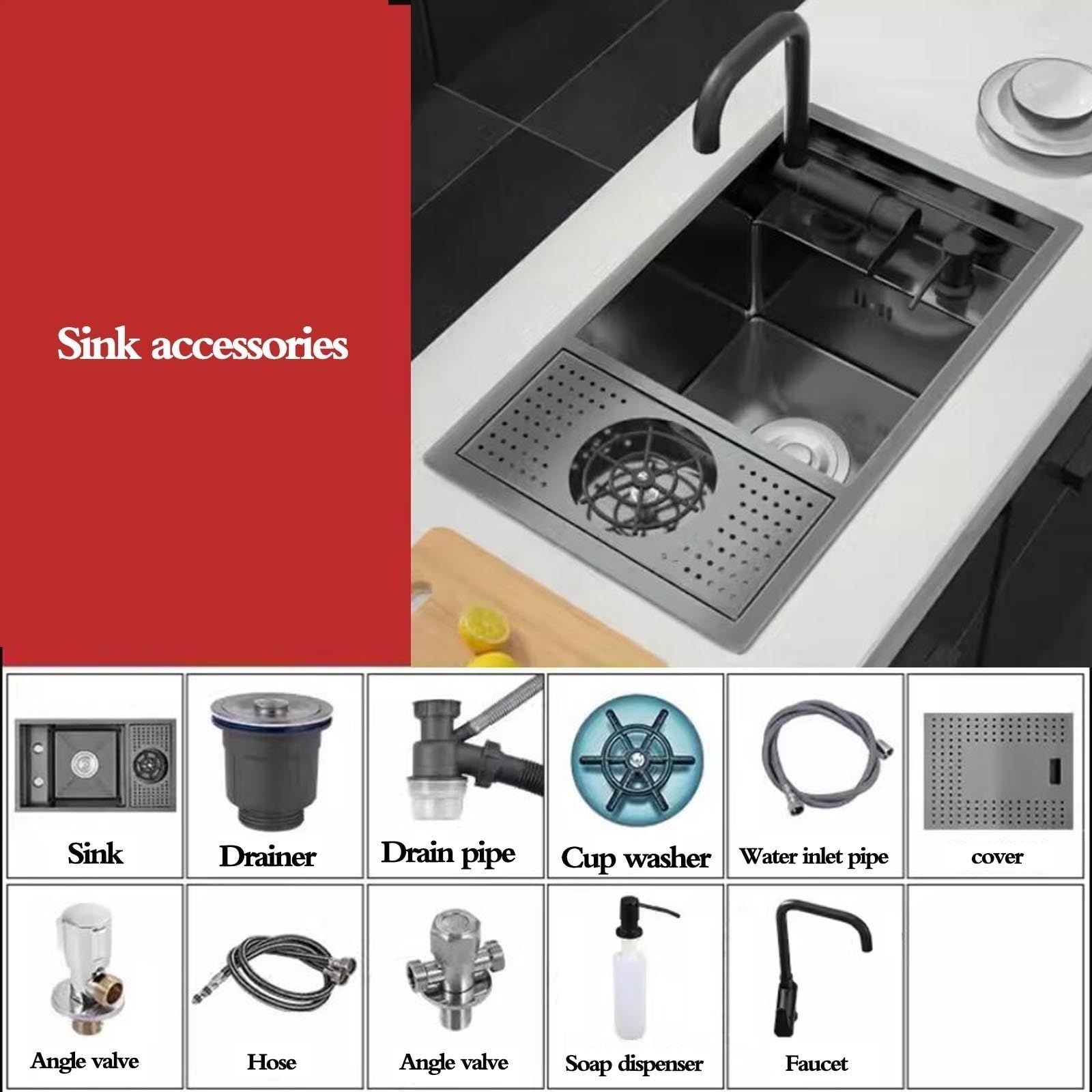 Fregadero de Cocina Compacto de Acero Inoxidable con Grifo Plegable y lavavasos. Diseño Que Ahorra Espacio para Apartamentos, cafeterías, restaurantes y Bares (60x40x23 cm).