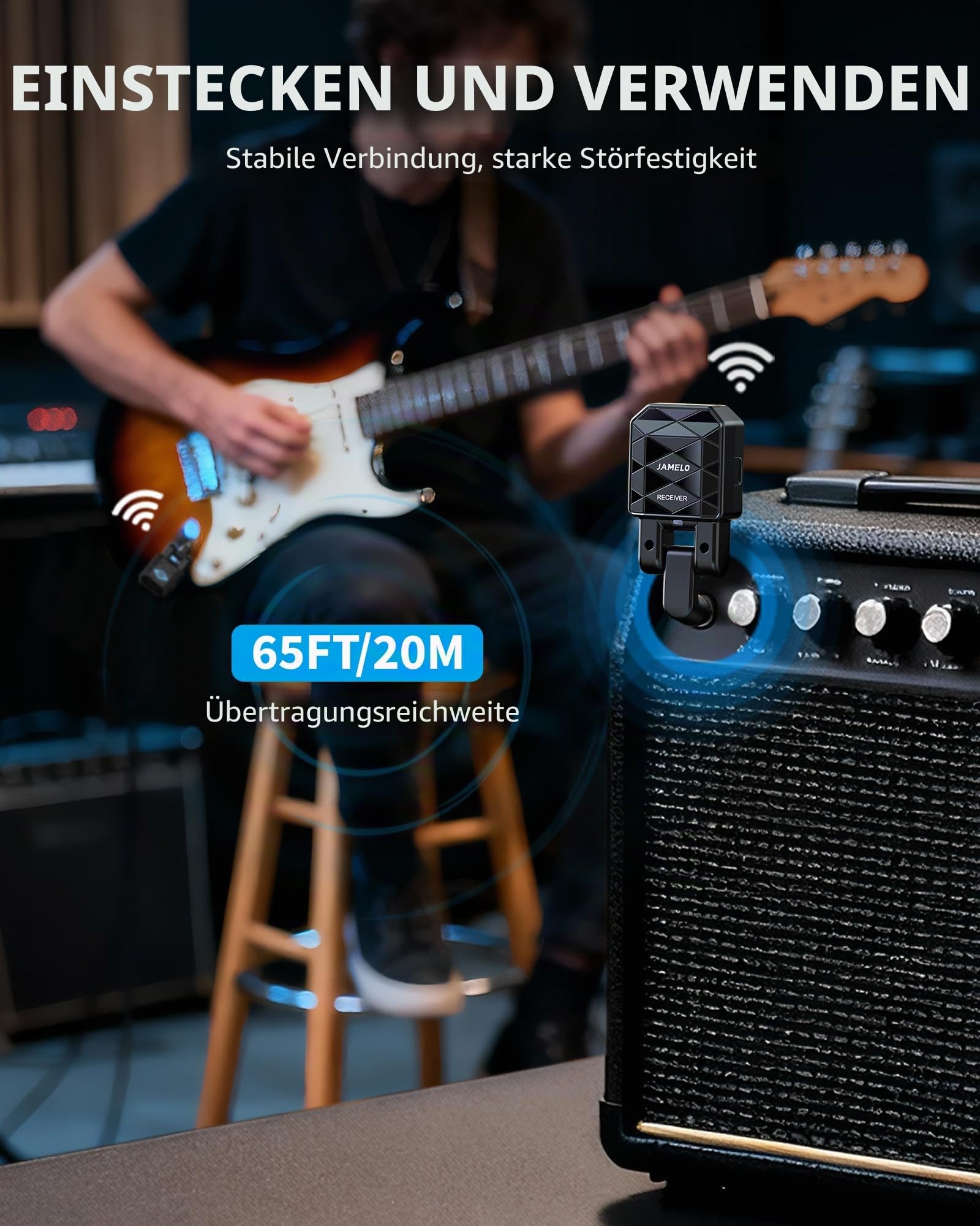 JAMELO Kabelloses Gitarrensystem mit Ladekoffer, Gitarrensender Empfänger geringer Latenz <5 ms, 15 Std. Laufzeit，wiederaufladbares Gitarren Klinkenkabel, 4 Kanäle für Gitarre Bass（WS-200）