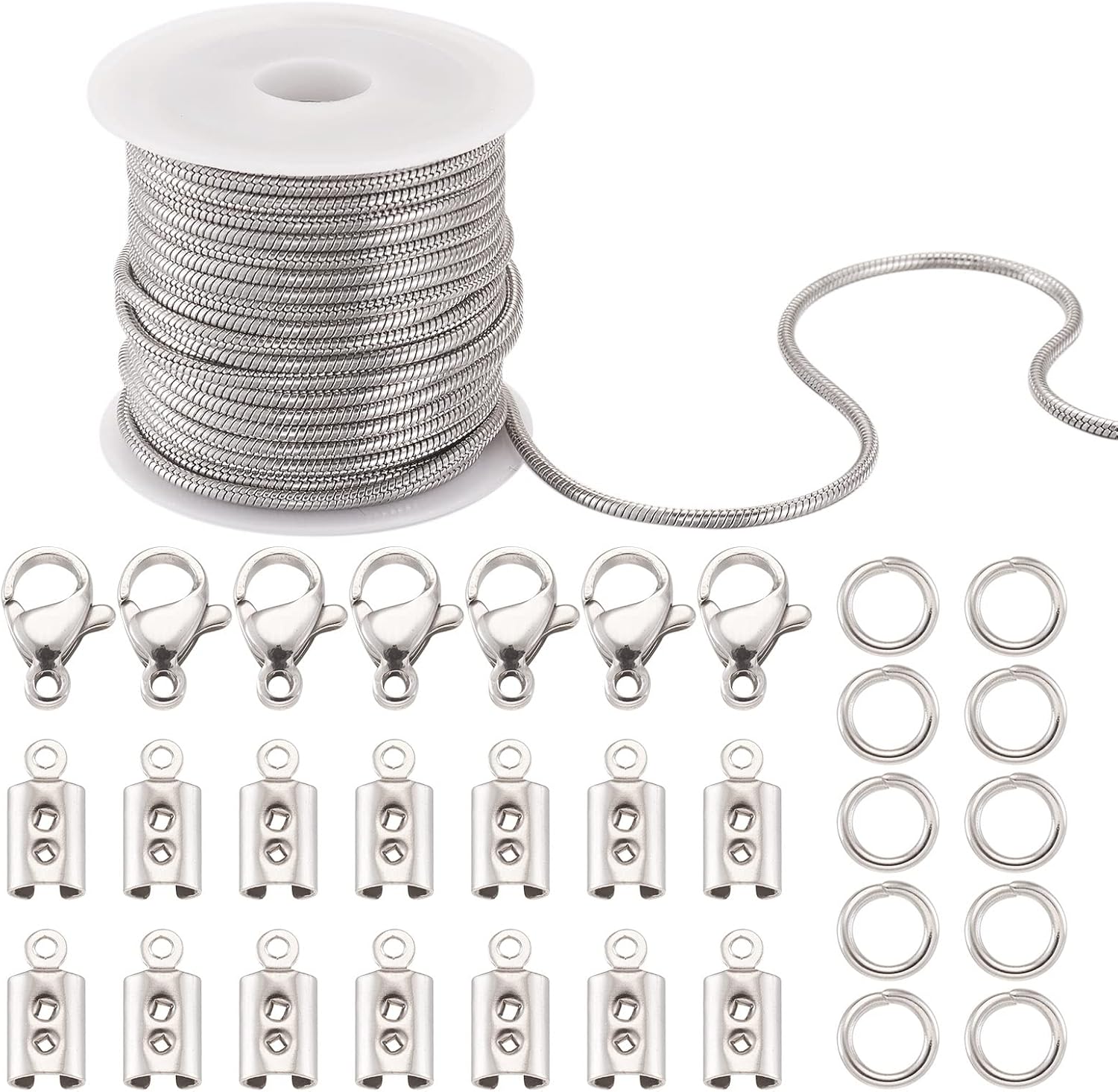 Pandahall 16.4 Ft 2mm Stainless Steel Snake Chains with 50Pcs Jump Ring 10Pcs Lobster Claw Clasps 30Pcs Folding Crimp Ends Jewelry Making Kits for Chain Necklace DIY