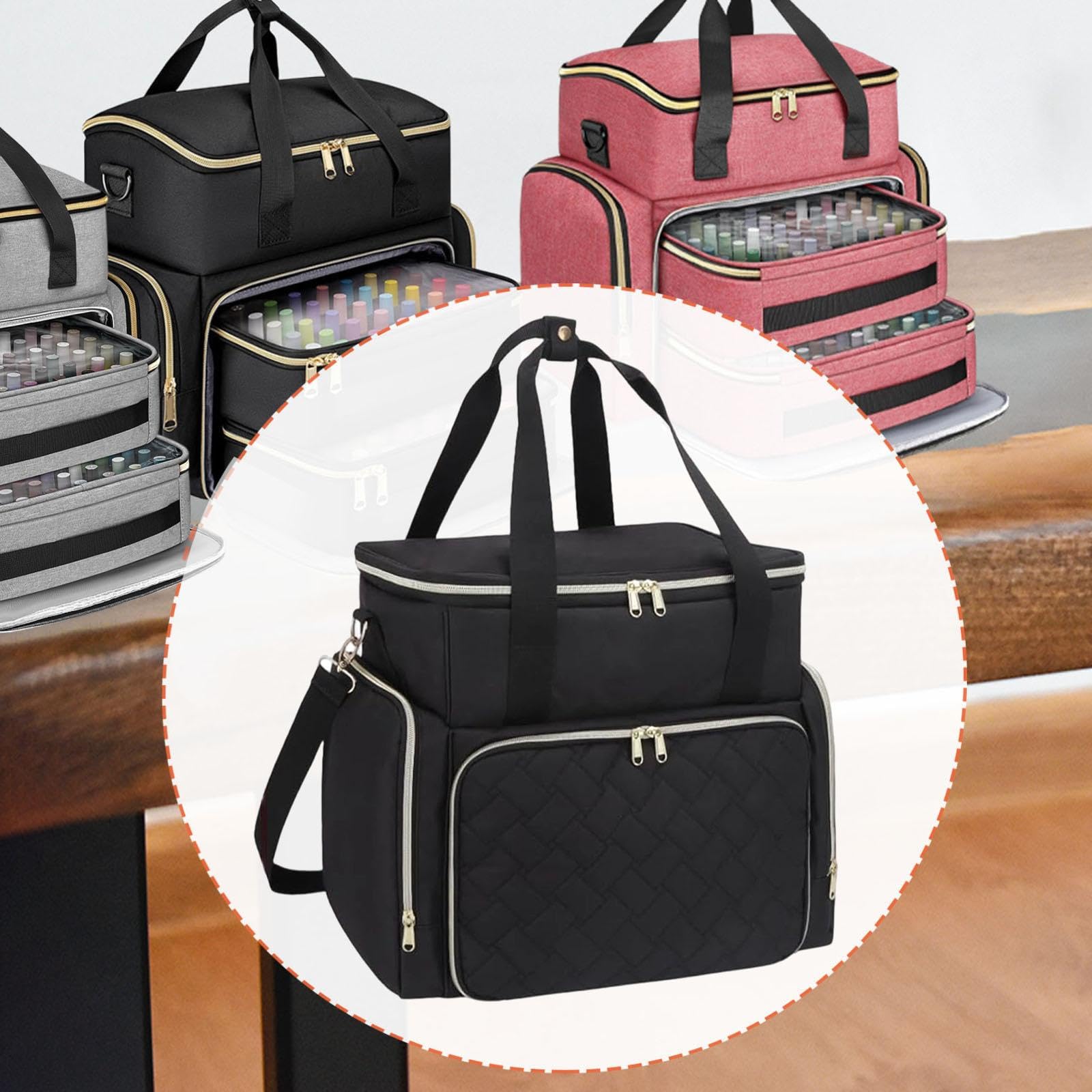 Nagellack Organizer Tragbare Nagellack Aufbewahrungsbox Maniküre Werkzeuge Koffer mit Transparentem Fenster Und Elastischen Halterungen Aus Oxford, Schwarz