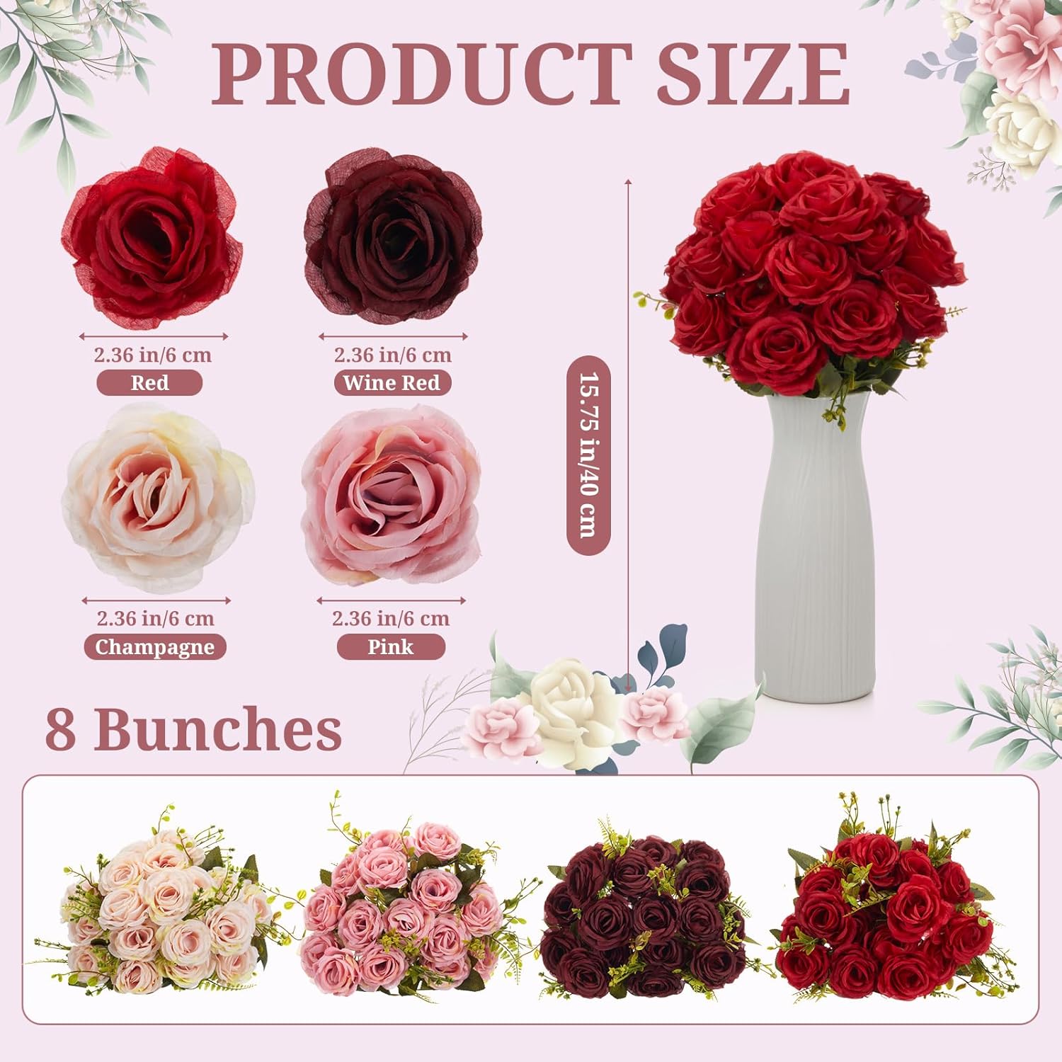 Suncalla 8 Bunches 72 Heads Artificial Roses Bulk with Long Stems & Leaves Mixed Pink Red Silk Rose in Bulk for Decoration DIY Wedding Arrangement Bridal Bouquets Centerpieces Valentines Home Decor