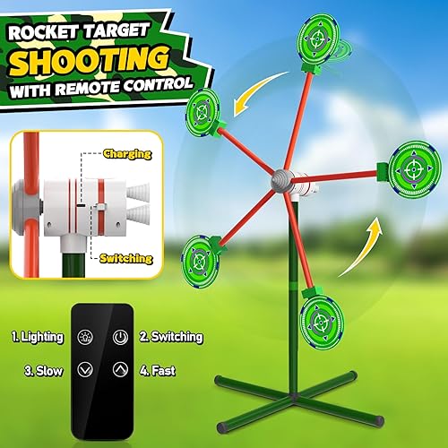 Miniatura 10 de Juegos de disparos de cohetes juguetes con objetivo giratorio, 2 pistolas de juguete, 20 dardos de espuma, juguetes al aire libre para niños de 5,