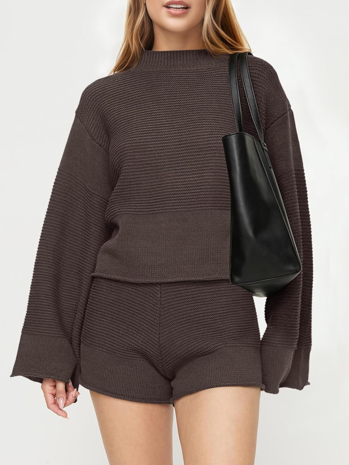 Tankaneo Womens 2 Piece Short Sets Bell Sleeve Mock Neck Oversized Sweater and Shorts Fall Sweater Sets Lounge Matching Set - Image 5