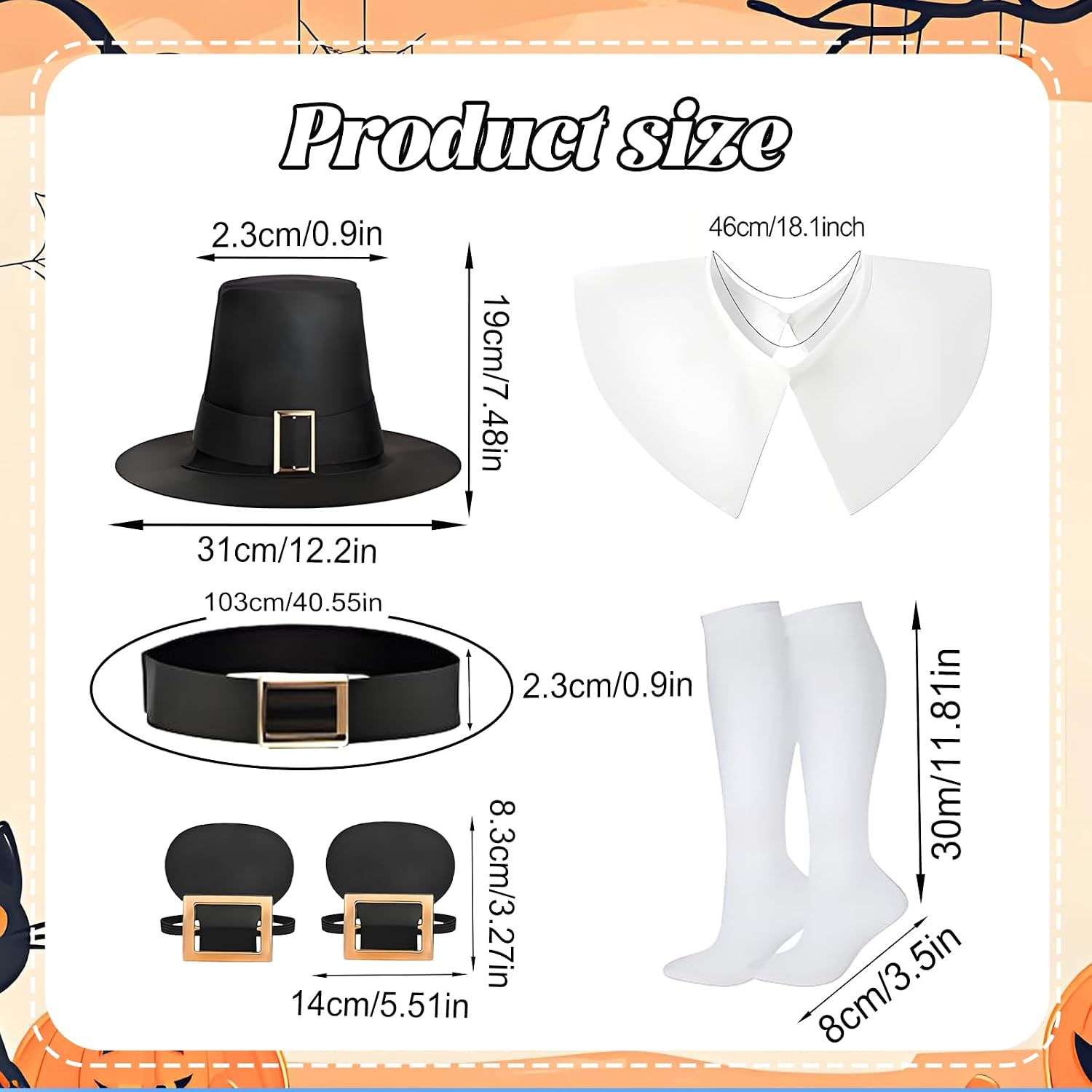 Yi-gog 6PCS Halloween Costume and Accessories Set for Adult Men: Black Pilgrim Hat Historical Shoe Buckles Socks Belt Luxury Cosplay image 2