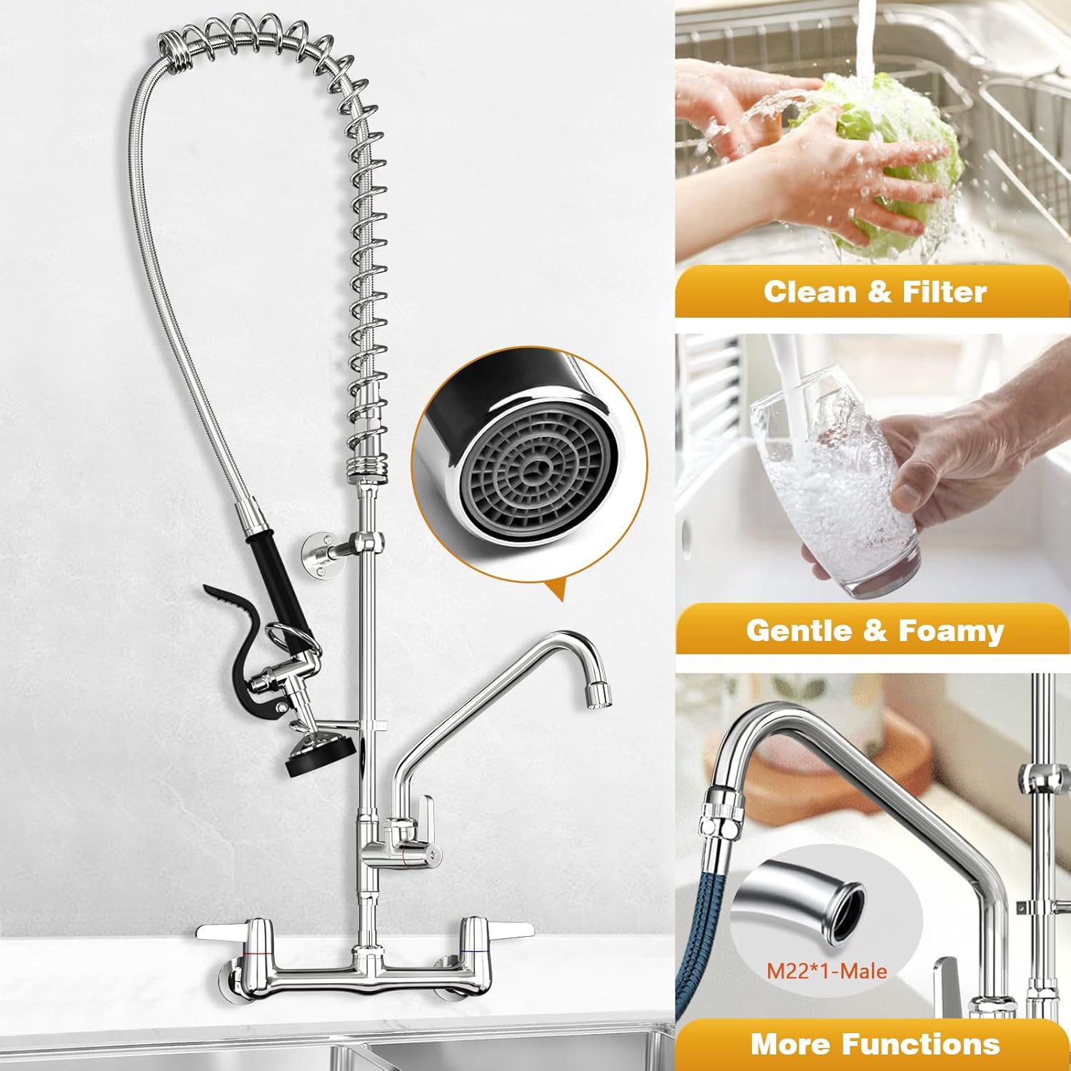 Commercial Faucet with Sprayer,BESTJEEF Commercial Wall Mount Kitchen Sink Faucet with Pre Rinse Sprayer for Kitchen Cook - 47" Height Faucet with 8" Center and 12" Add-On Spout - Image 4