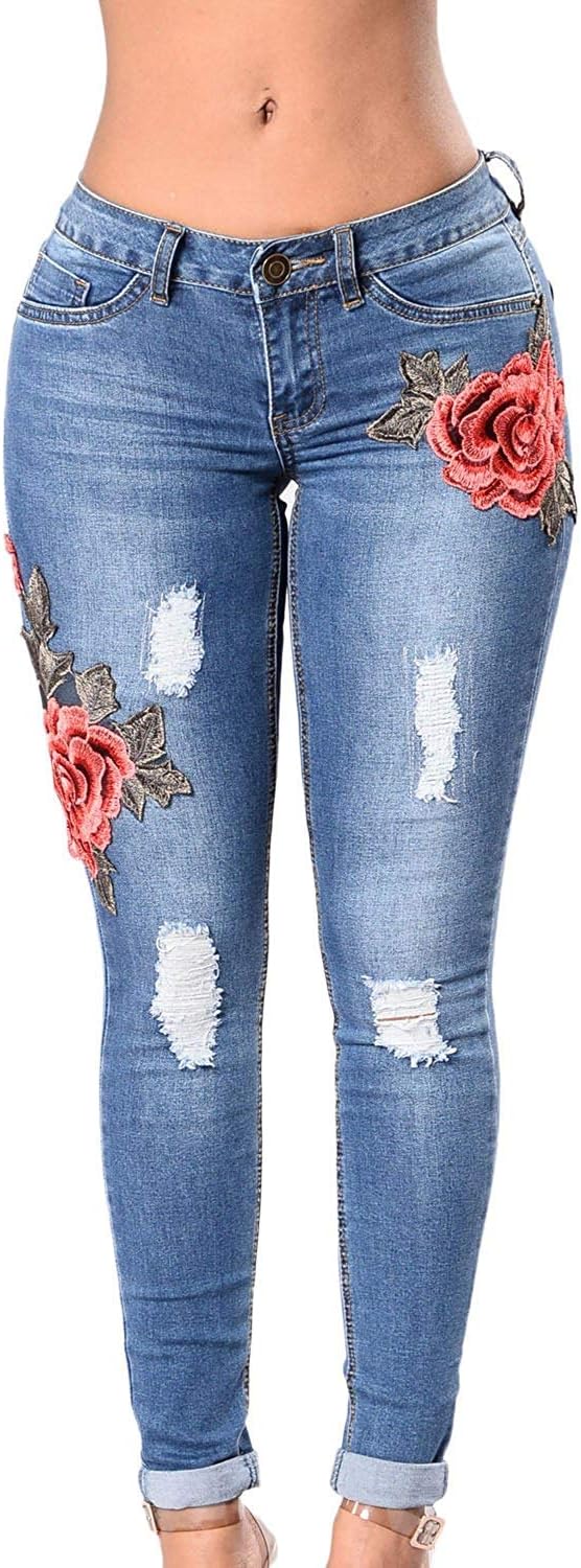Lovits Women's High Waist Destroyed Ripped Hole Embroidered Distressed Skinny Denim Jeans XXX-Large Blue1