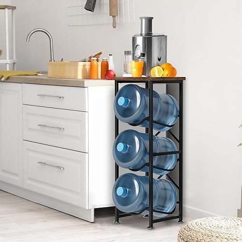 Miniatura 7 de Soporte para jarra de agua de 5 galones, soporte para botella de agua de 3 niveles con estante superior de madera, estante para jarra de agua