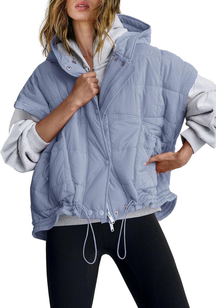 Chaleco acolchado para mujer, chaqueta acolchada sin mangas de gran tamaño, chaqueta con cremallera y capucha, poncho para otoño e invierno