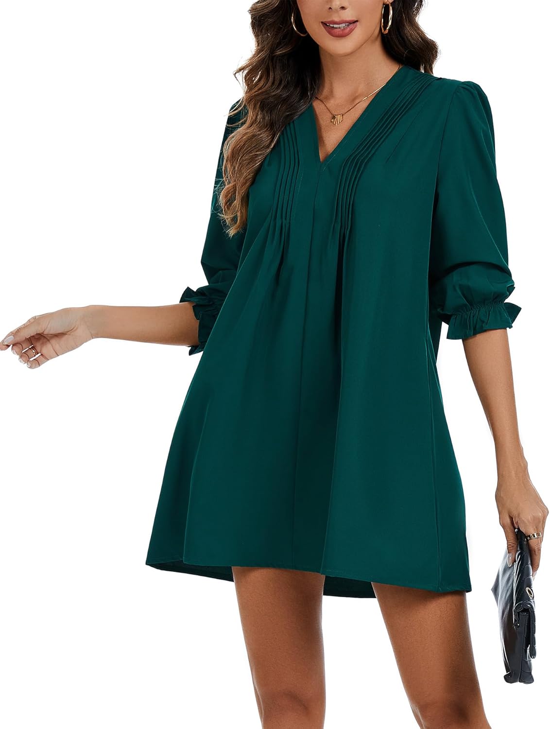 Kormei Womens Casual Dress A-Line Ruffle Long Sleeve V Neck Mini Dress 2025 Fashion Pleated Flowy Loose Shirt Dresses - Image 3