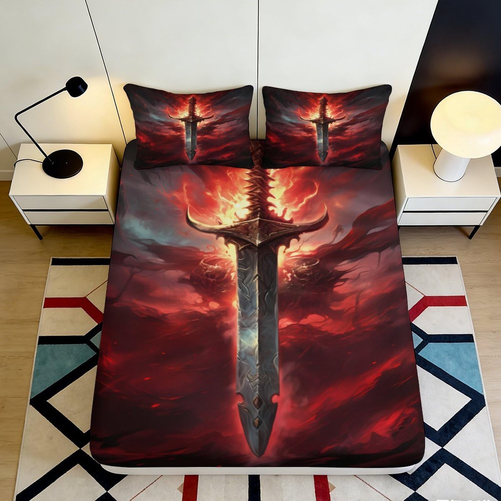 Uxinyoume Style-2 3D Printed Flaming Sword Fitted Sheet Microfiber Soft Red Fantasy Sky Mattress Cover For Bedroom Dorm Easy Care 90X200x25cm