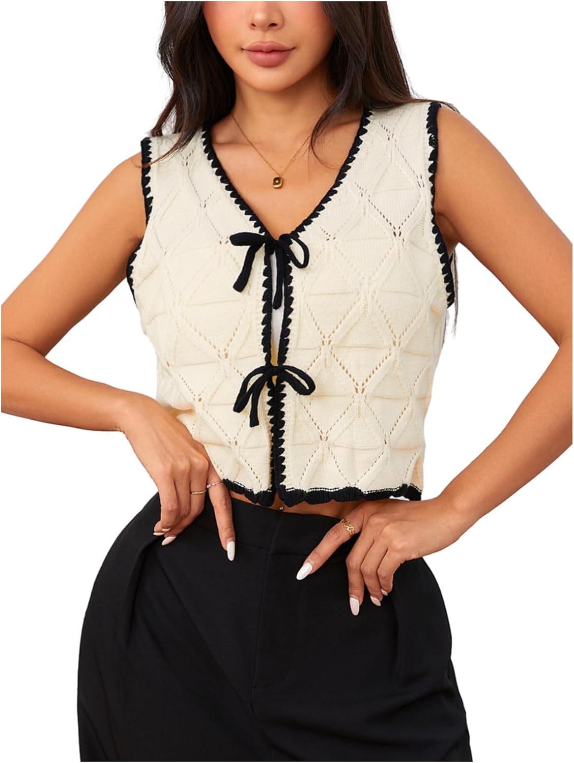 MAKEMECHIC Women's Summer Sweater Vest Tie Front Old Money Clothes V Neck Contrast Crop Knit Tops