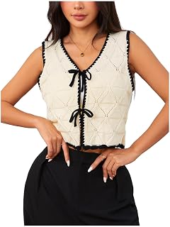 MakeMeChic Womens Christmas Sweater Vest Tie Front Old Money Clothes V Neck Contrast Crop Knit Tops
