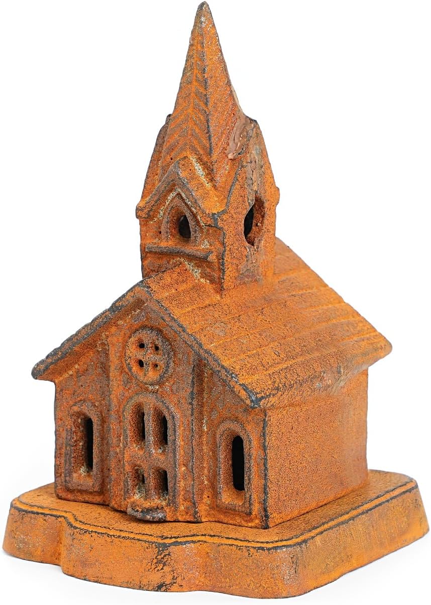 Sungmor Vintage Cast Iron Tealight Candle Holder - Rustic Rust Miniature Church Lantern, Heavy Metal Tealight Candle Stand for Home, Garden or Patio, Indoor & Outdoor Farmhouse Décor Accent