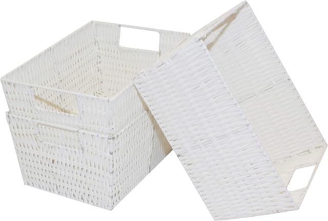 Home-ever Set of 3 Resin Woven Storage Shelf Basket with Insert Handles (White) HE26