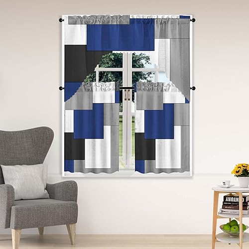 Juego de cortinas de ventana de nivel y festón azul marino, juego de 3 cenefas de arte geométrico de cocina, bolsillo para barra gris para ventana