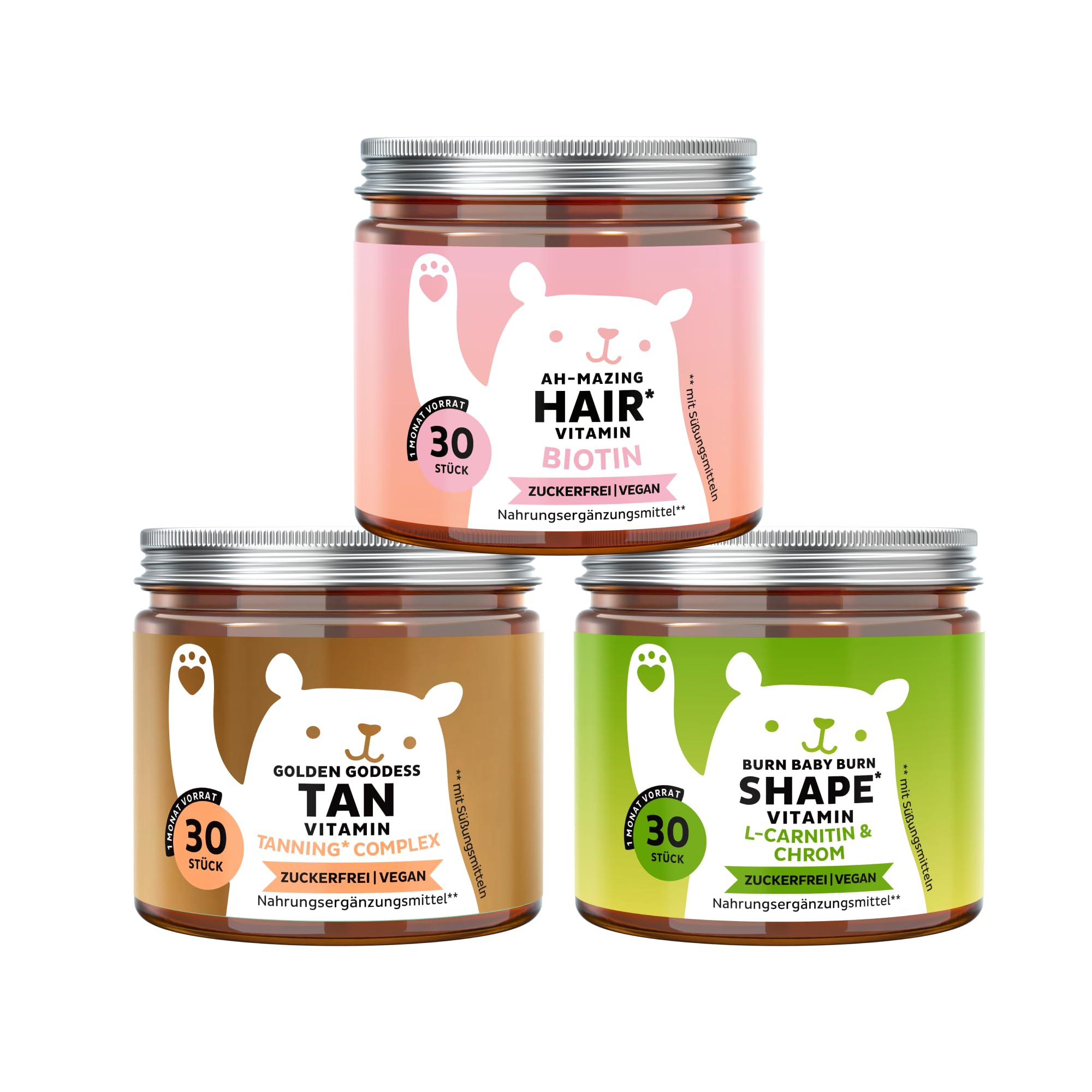 Trio – Für Haare, Bräune und Figur – Dreifach-Schönheitswirkung - Biotin für Haare, Kupfer für Hautpigmentierung, Chrom für Stoffwechsel – 3 x 30 Stück - Zuckerfrei – Bears with Benefits | Gummichärchen mit Biotin für Haare, Kupfer für Hautpigmentierung,