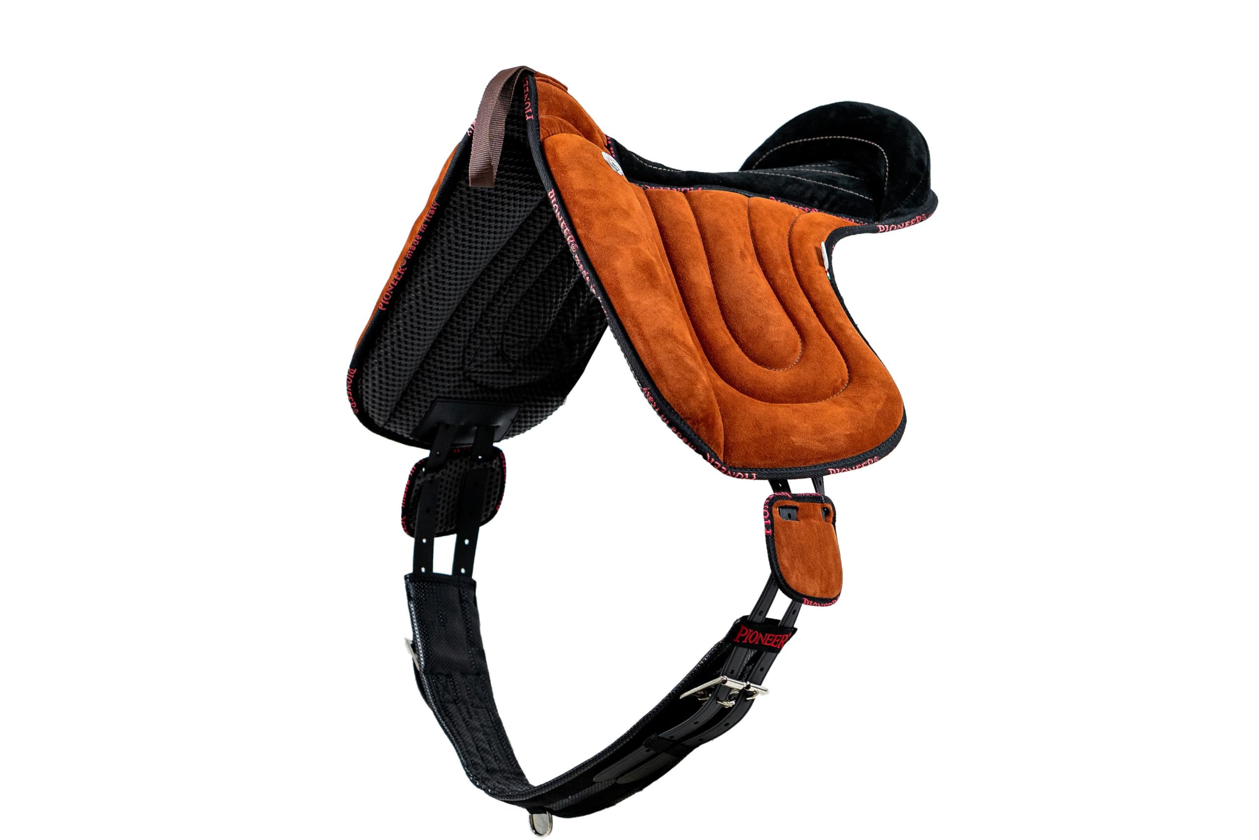PIONEER Selle Cheval en Daim pour Monte Naturelle, Selle d'Équitation Bareback 50X45 cm avec Rembourrage en Ouate et Mousse à Mémoire, Fabriquée en Italie - Sangle en Néoprène - Marron
