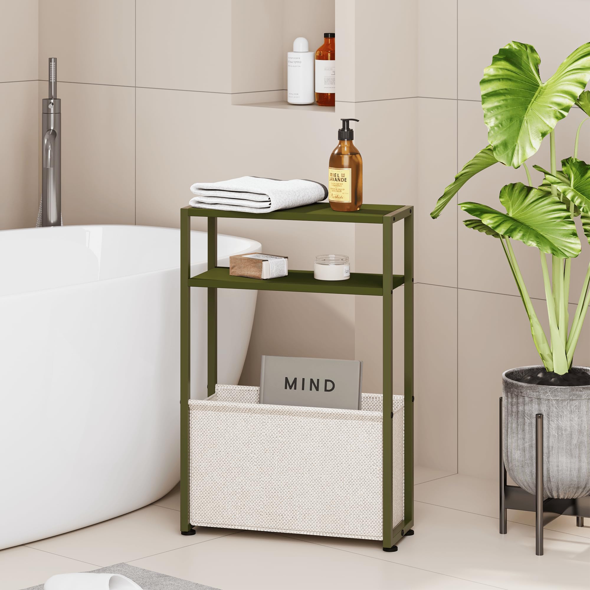 Leomonio Narrow Side Table, Slim End Tables with Fabric Basket, Skinny Table for Small Spaces, Thin Bedside Table for Living Room, Bedroom (1, Forest