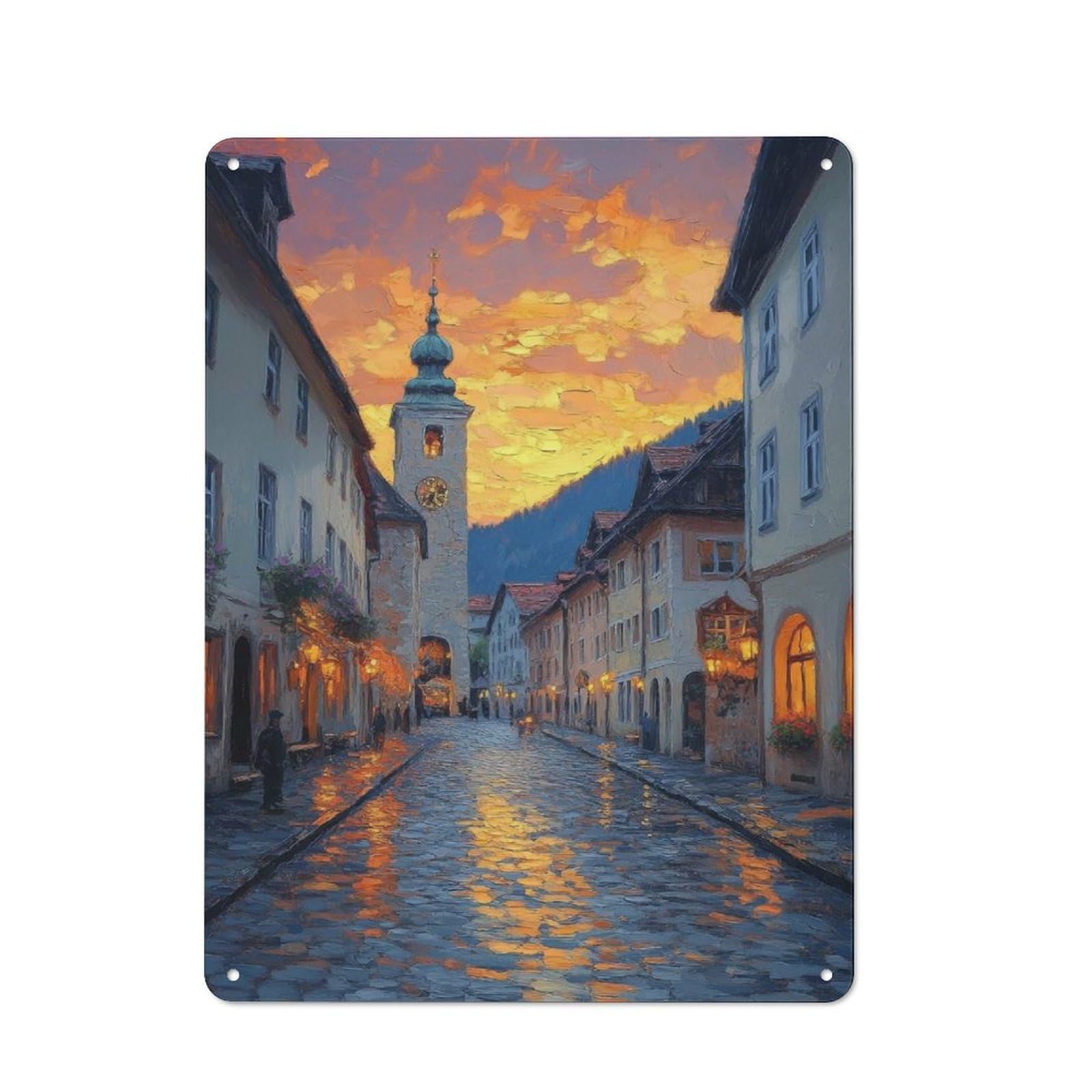 Junmoney Style-3 Cobblestone Street At Sunset Vintage Metal Wall Decor 40X30cm, Vintage Metal Sign For Cafe, Bistro, Bakery Or Restaurant