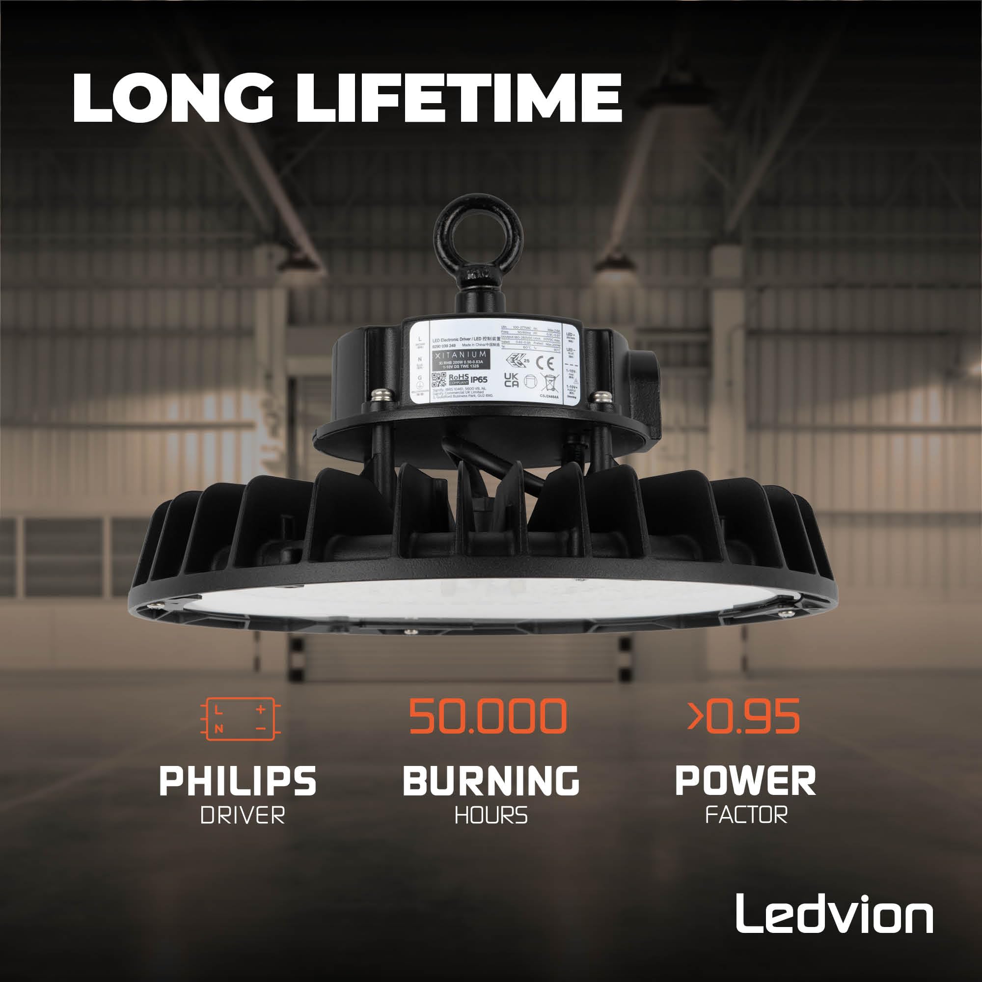 Ledvion LED Hallenstrahler 200-160-120W 175lm/W 4000K Dimmbar IP65 | 175 lm/W, dimmbar in 3 Stufen, IP65, 5 Jahre Garantie