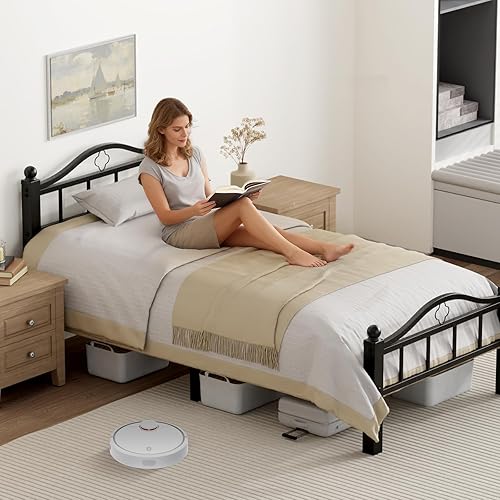 Miniatura 7 de Marcos de cama individuales de metal, sin chirridos, soporte resistente de 1500 libras y espacio libre de 12 pulgadas para almacenamiento,