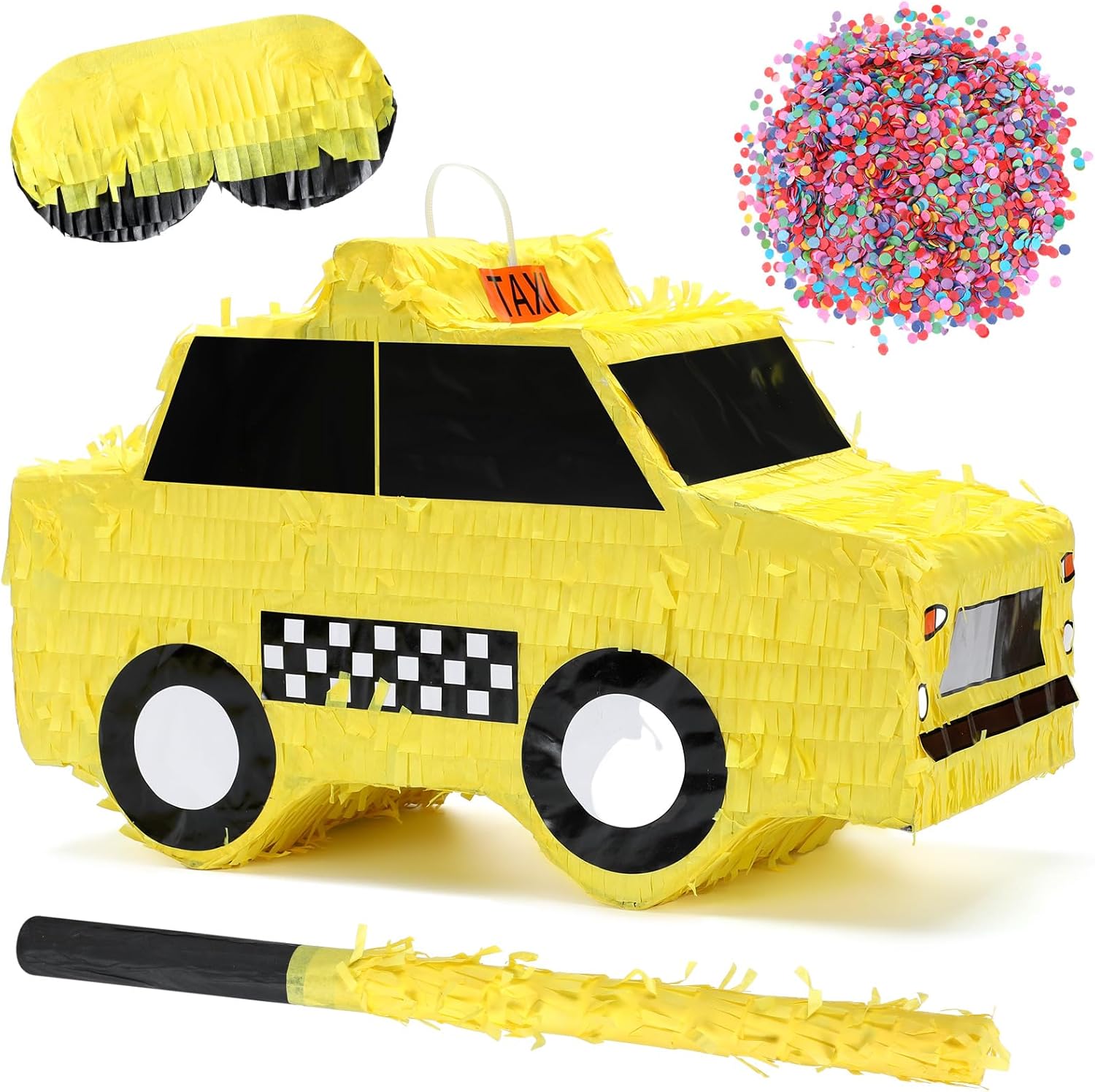 Soulchen Taxi Piñata New York Party Decorations Yellow Checkered Taxi Cab Piñata for NYC Birthday Decorations with Stick Blindfold and Confetti for New York Theme Party Favors Candy Birthday Supplies