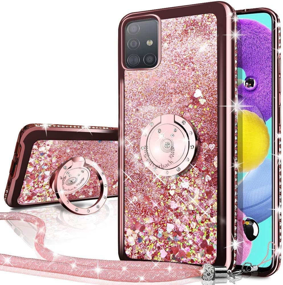 Galaxy A71 4G Case, [Not for A71 5G] Silverback Moving Liquid Holographic Glitter Case with Kickstand, Bling Diamond Bumper W/Ring Slim Protective Samsung Galaxy A71 Case for Girls Women -Rose Gold