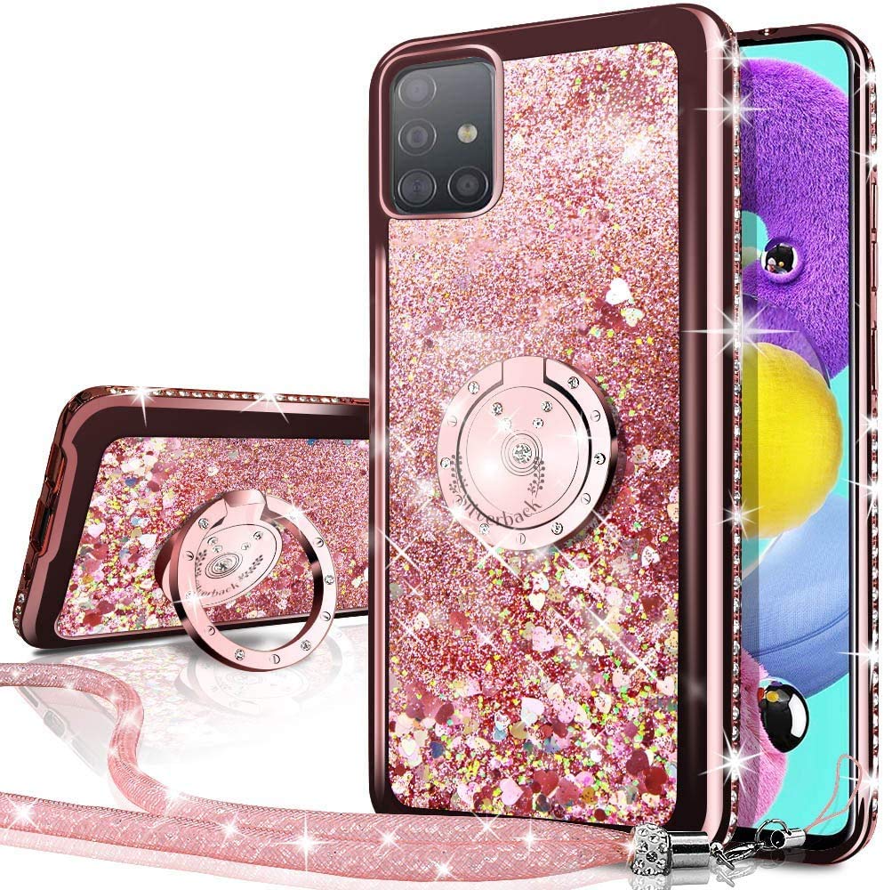 Galaxy A71 4G Case, [Not for A71 5G] Silverback Moving Liquid Holographic Glitter Case with Kickstand, Bling Diamond Bumper W/Ring Slim Protective Samsung Galaxy A71 Case for Girls Women -Rose Gold
