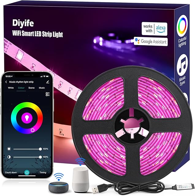 Diyife Smart LED Light Strip Alexa, [5m] [WiFi App Control] 5050 RGB LED Strip Light Work with Alexa/Google Assistant, Timer, 16 Million Colors Changing, Music Sync, for TV, Bedrooms, Christmas