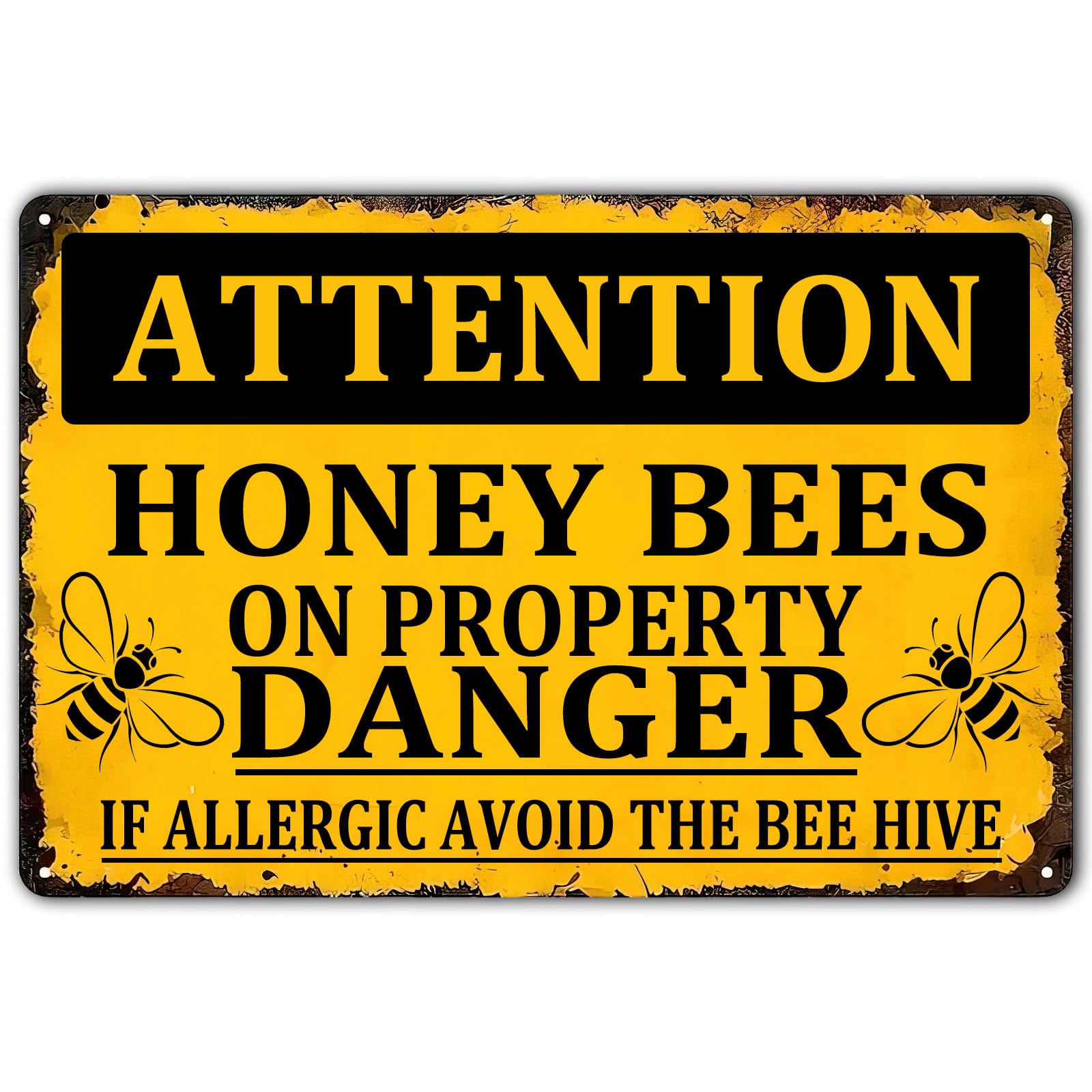 SMAZDFXX Honey Bee Decor Vintage Metal Sign,Attention Honey Bees On Property Danger Vintage Wall Hanging Decor for Home Bar Pub Kitchen Farmhouse Garden Yard Man Cave 12"x16"