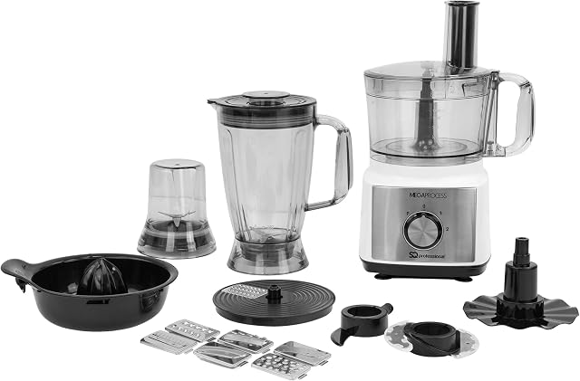 SQ Professional MegaRange - MegaProcess Food Processor 750w - 2.0L Mixing Bowl, 1.8L Blending Jug, Grinding Mill (White-Black)