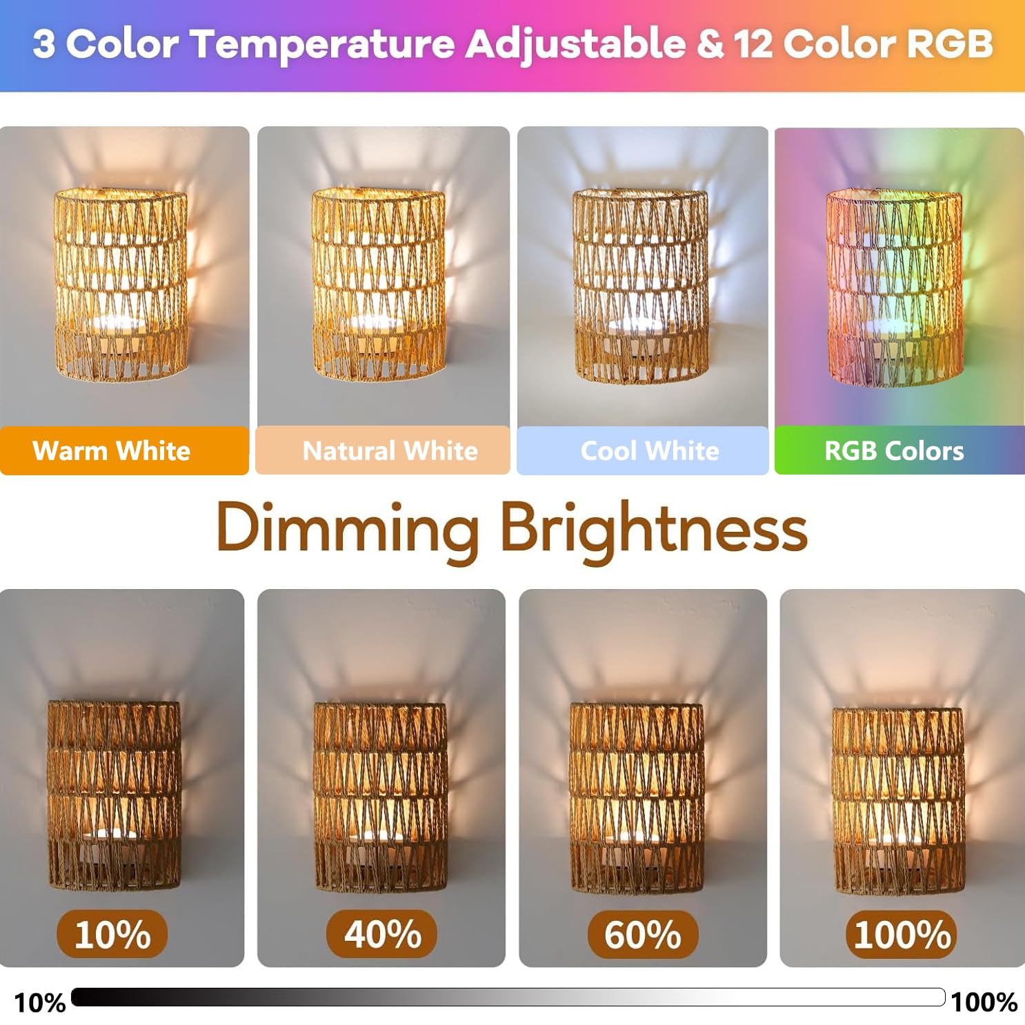 2 Stück Boho Rattan Wandlampe Innen Akku Wandleuchte Ohne Stromanschluss RGB Dimmbare Wandleuchten mit Fernbedienung Retro Nachttischlampe für Schlafzimmer Wohnzimmer Flur