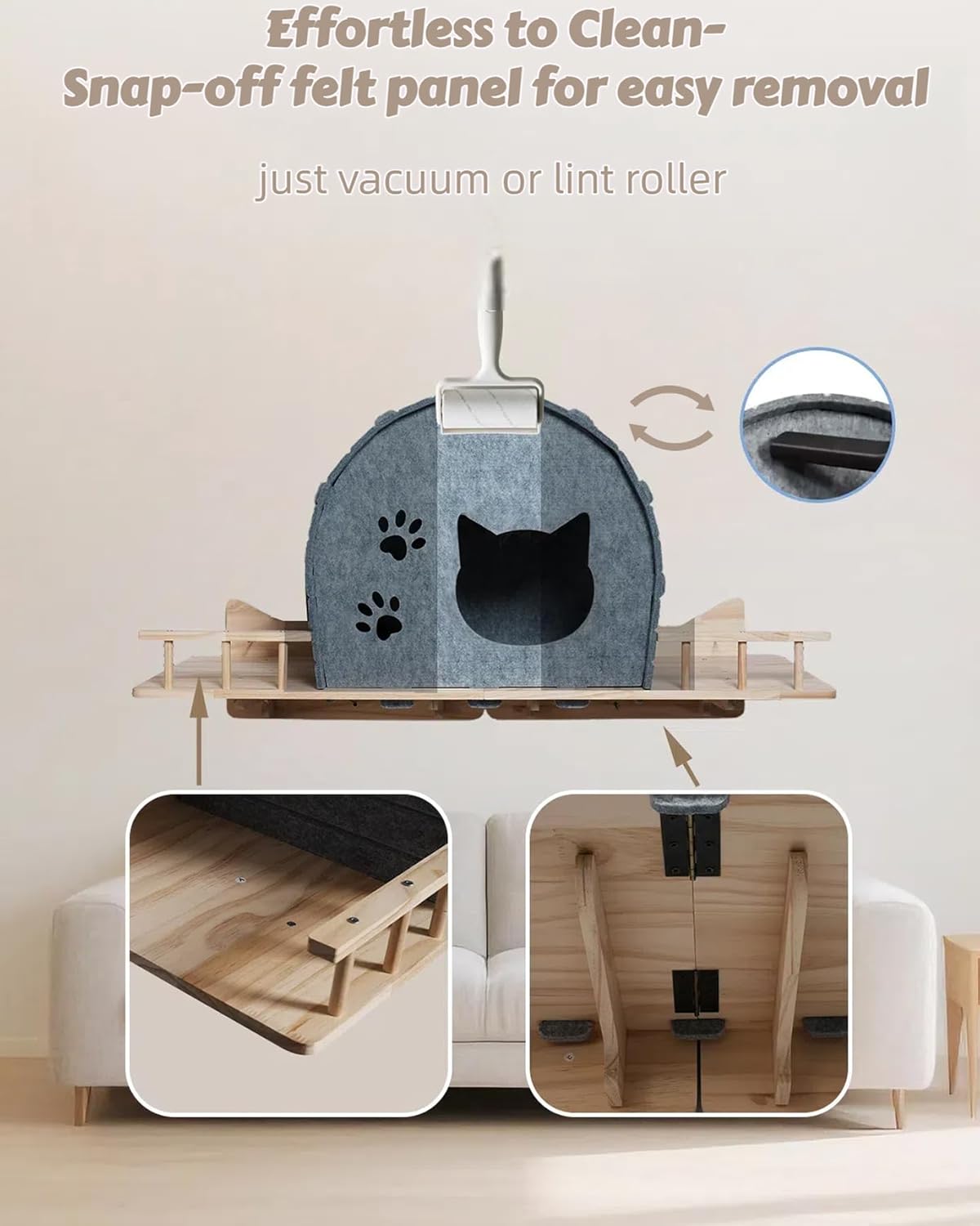 Wall Mounted Cat Shelf Bed – Large Felt Cat Furniture with Dual Entrances & Solid Wood Base, Floating Perch for Indoor Cats, Wall Shelves & Modern Furniture,Gray