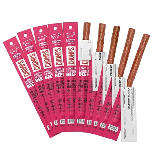 Chomps Grass-Fed and Finished Spicy Habanero Beef Jerky Snack Sticks 10-Pack - Keto, Paleo, Whole30, 10g Lean Meat Protein, Gluten-Free, Zero Sugar Food, Non-GMO - Habanero Beef
