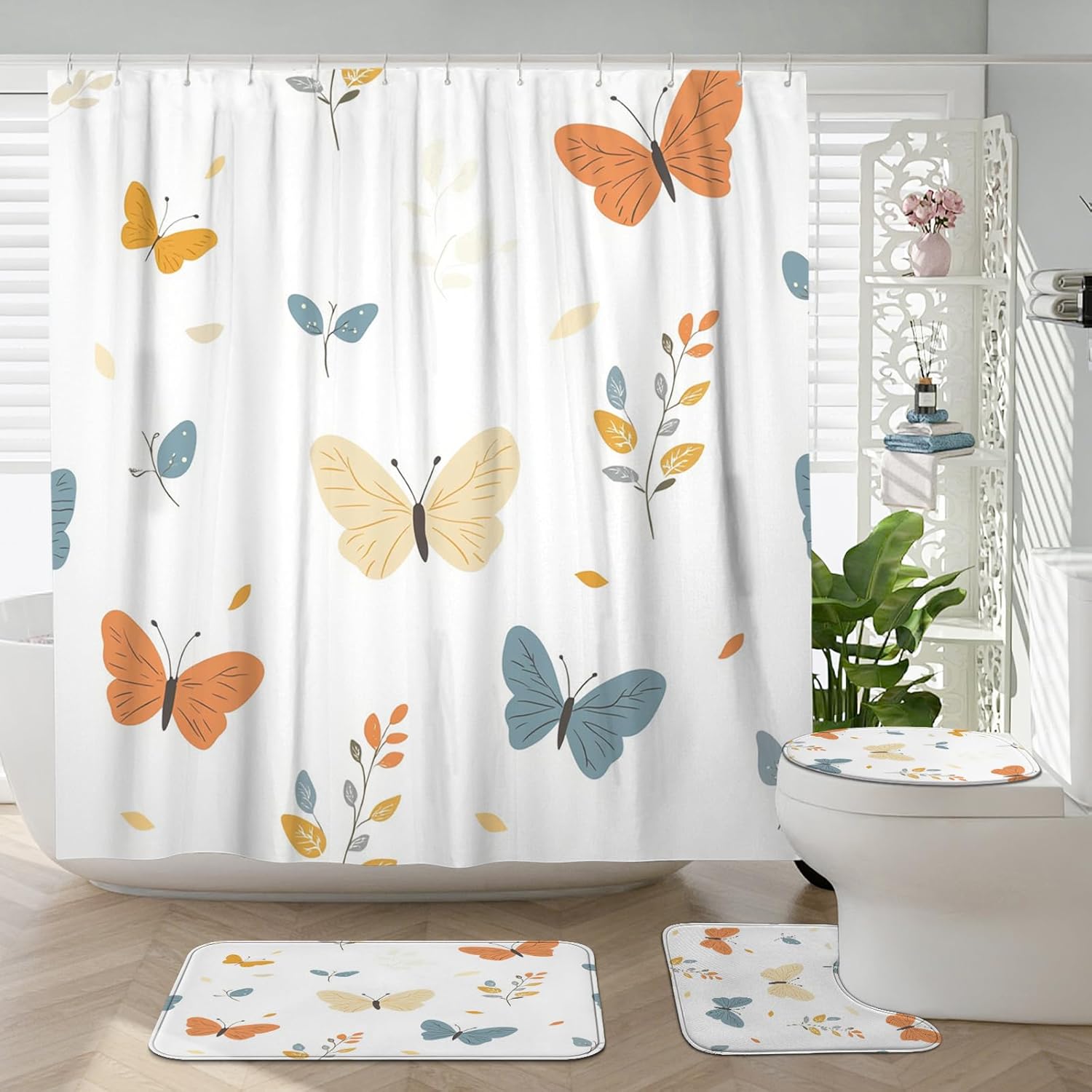 4PCS Seamless Colorful Butterflies Bathroom Accessory Sets with Non-Slip Rug, U Shape and Toilet Lid Cover Mat, Cute Fun Kids Bathroom Curtain Fabric Decor-72''x72''