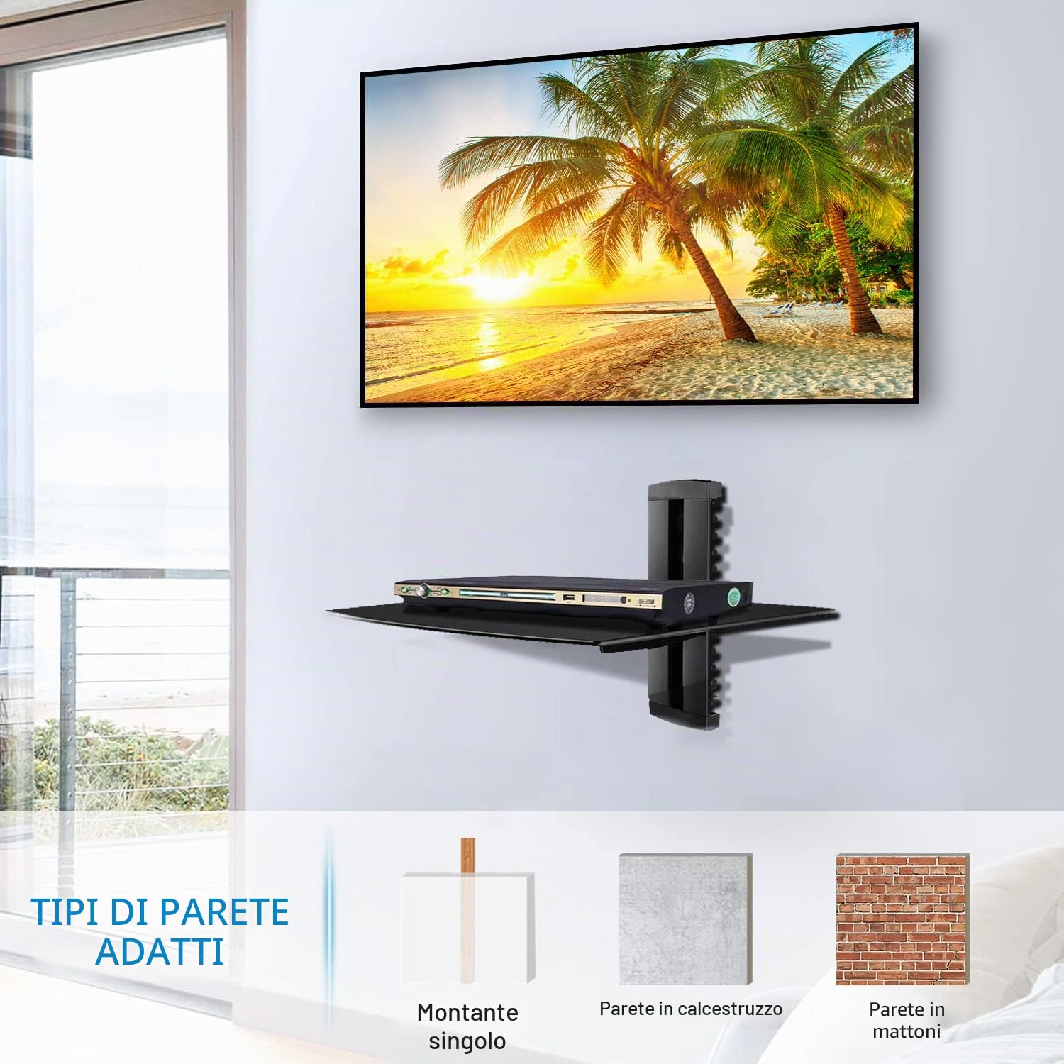 Suptek Supporto da Parete per Lettori DVD e Console TV con Ripiano in Vetro Nero CS201