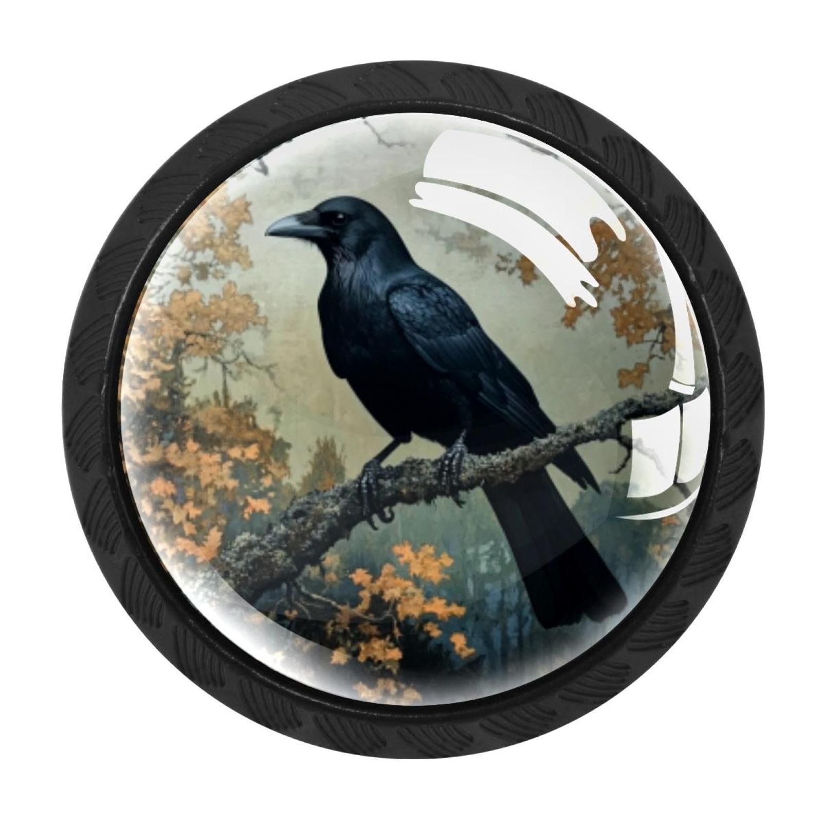 CHENZZZZ 4 Pack Black_Black Crow Sitting on Branch of Oak TRE (1) Kitchen Handles, Cabinet Pulls Hardware for Cupboard Drawer Knobs Dresser Pulls