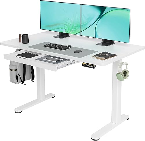 Escritorio de pie con cajones, escritorio eléctrico de pie con altura ajustable, estación de trabajo para computadora, 48 pulgadas, color blanco