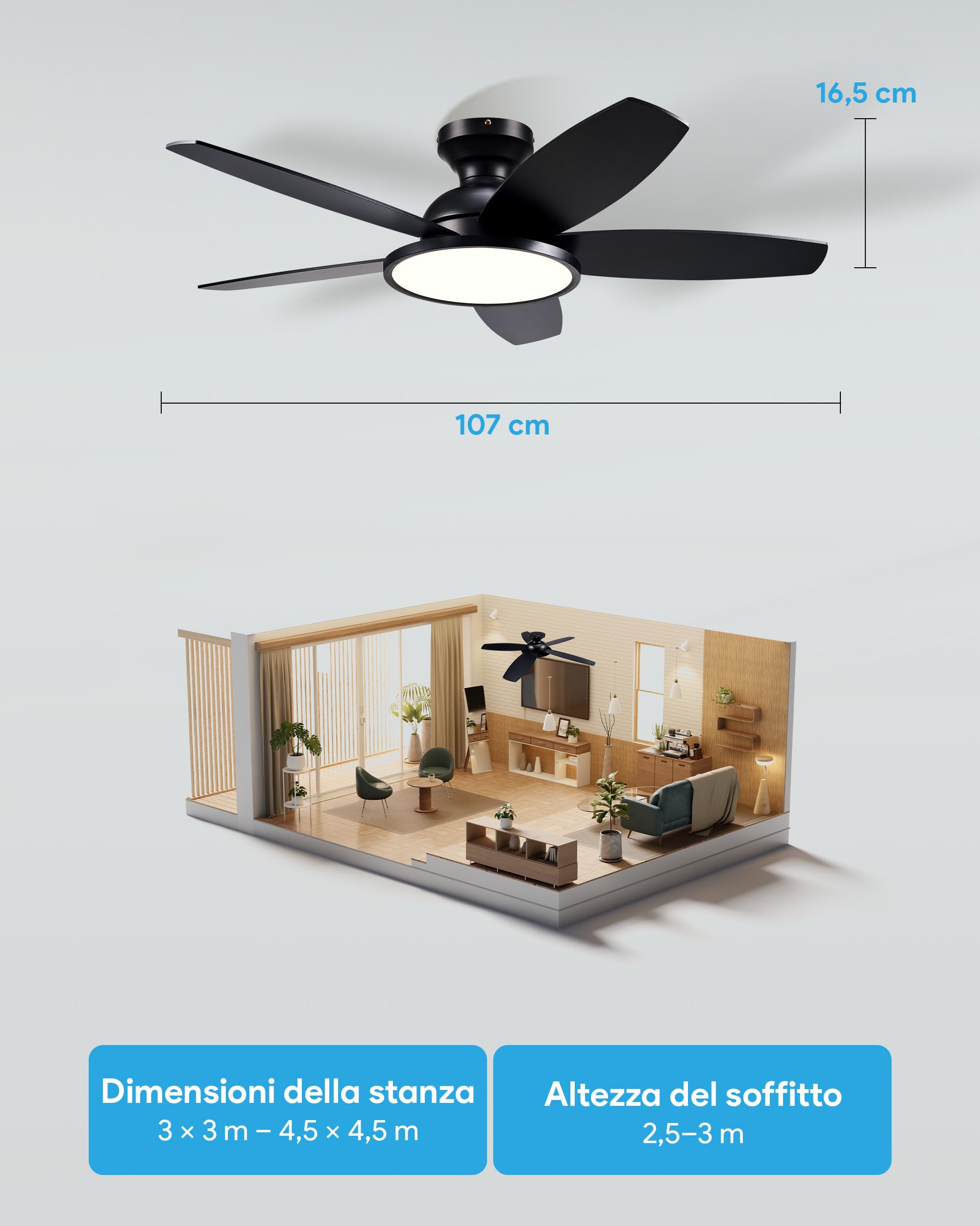 VONLUCE 107 CM Ventilatore da Soffitto con Luce LED a Spettro Completo e Telecomando, 3CCT, Motore DC Reversibile Silenzioso a 6 Velocità Ventilatore da Soffitto Basso per Camera da Letto Soggiorno